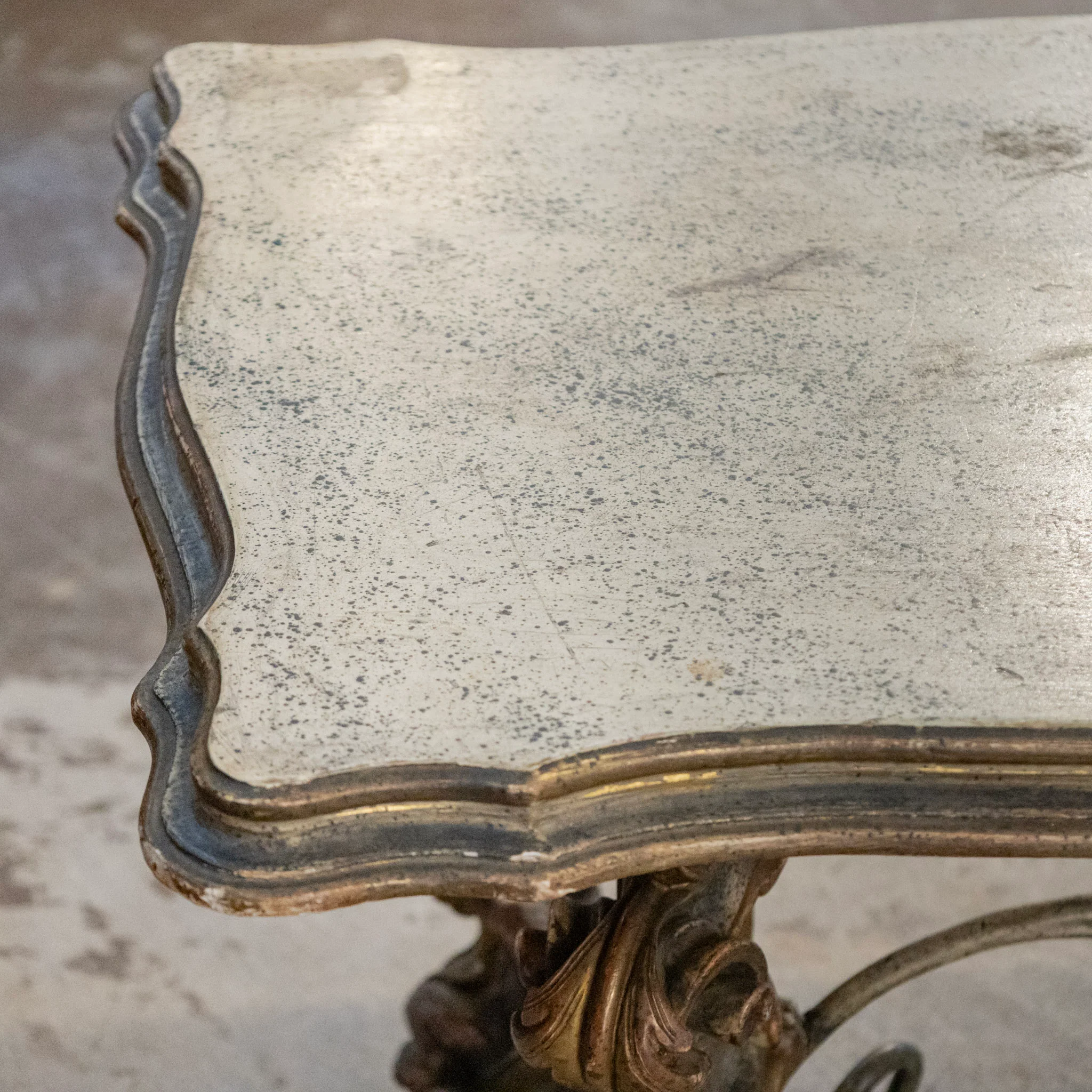French Carved Coffee Table – Scroll Base & Faux Marble Top - Image 4