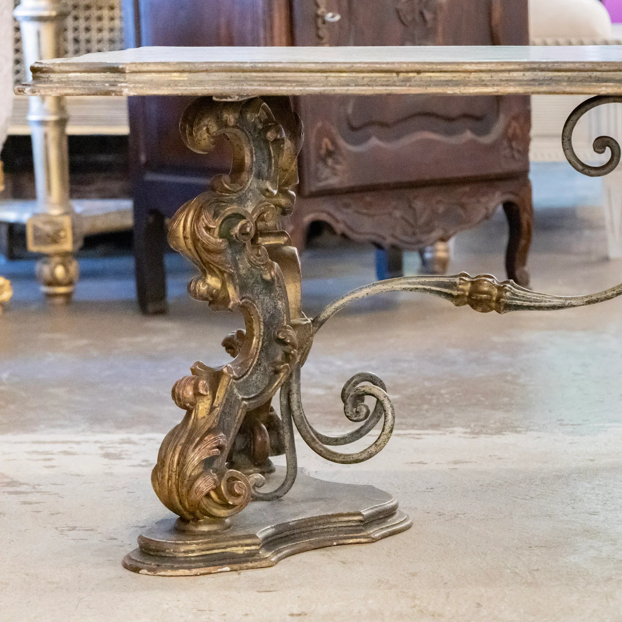 French Carved Coffee Table – Scroll Base & Faux Marble Top - Image 6