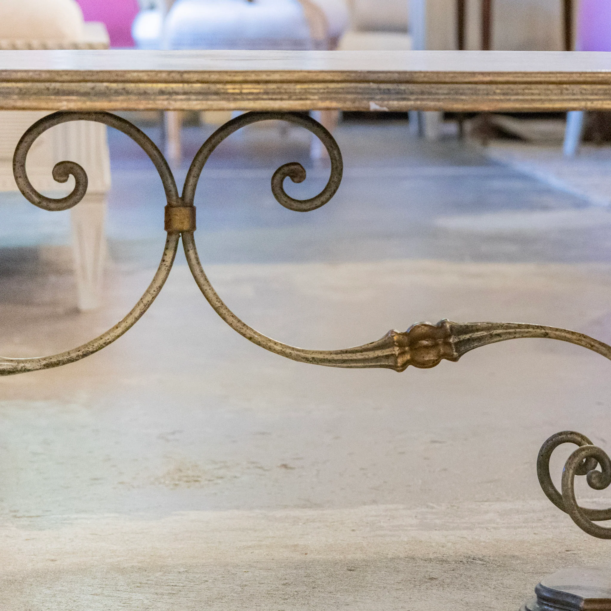 French Carved Coffee Table – Scroll Base & Faux Marble Top - Image 8
