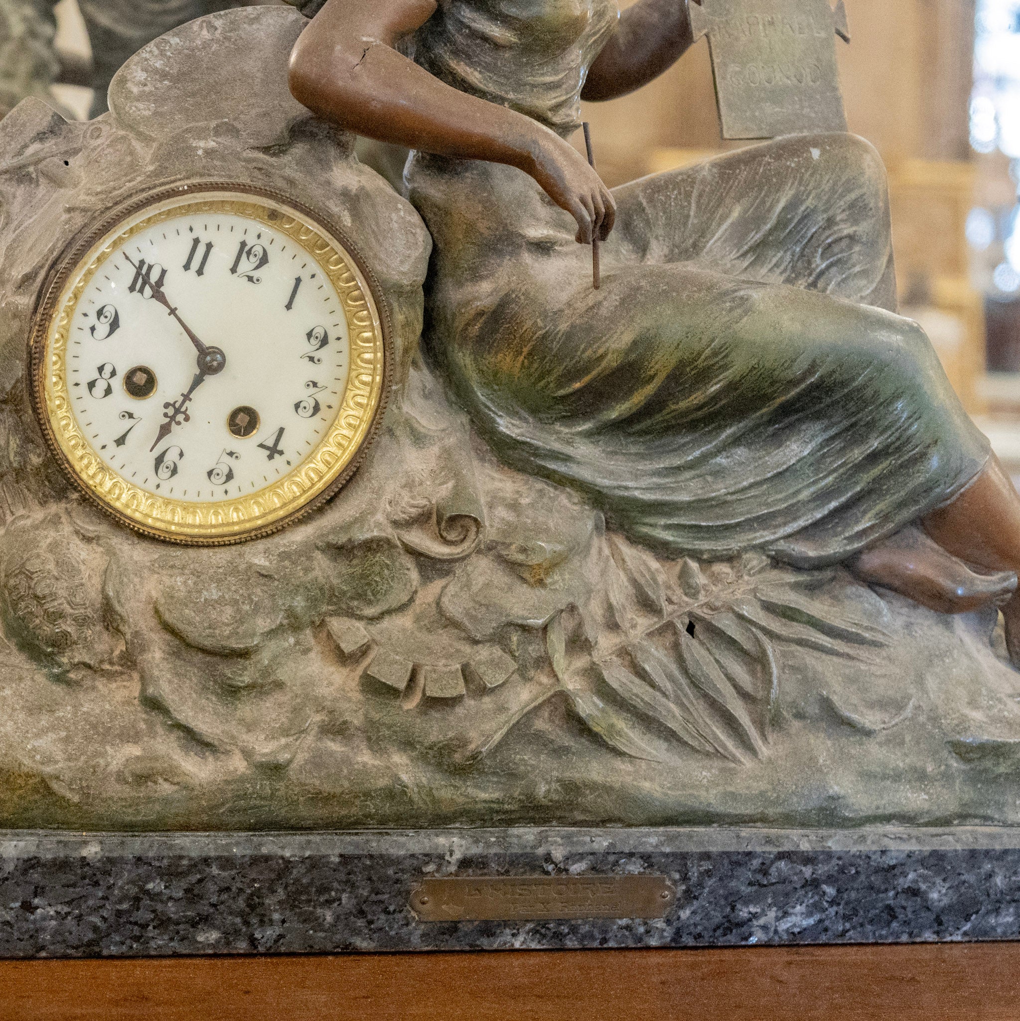 French Bronze Seated Female Figure Mantel Clock – Marble Base - Image 3