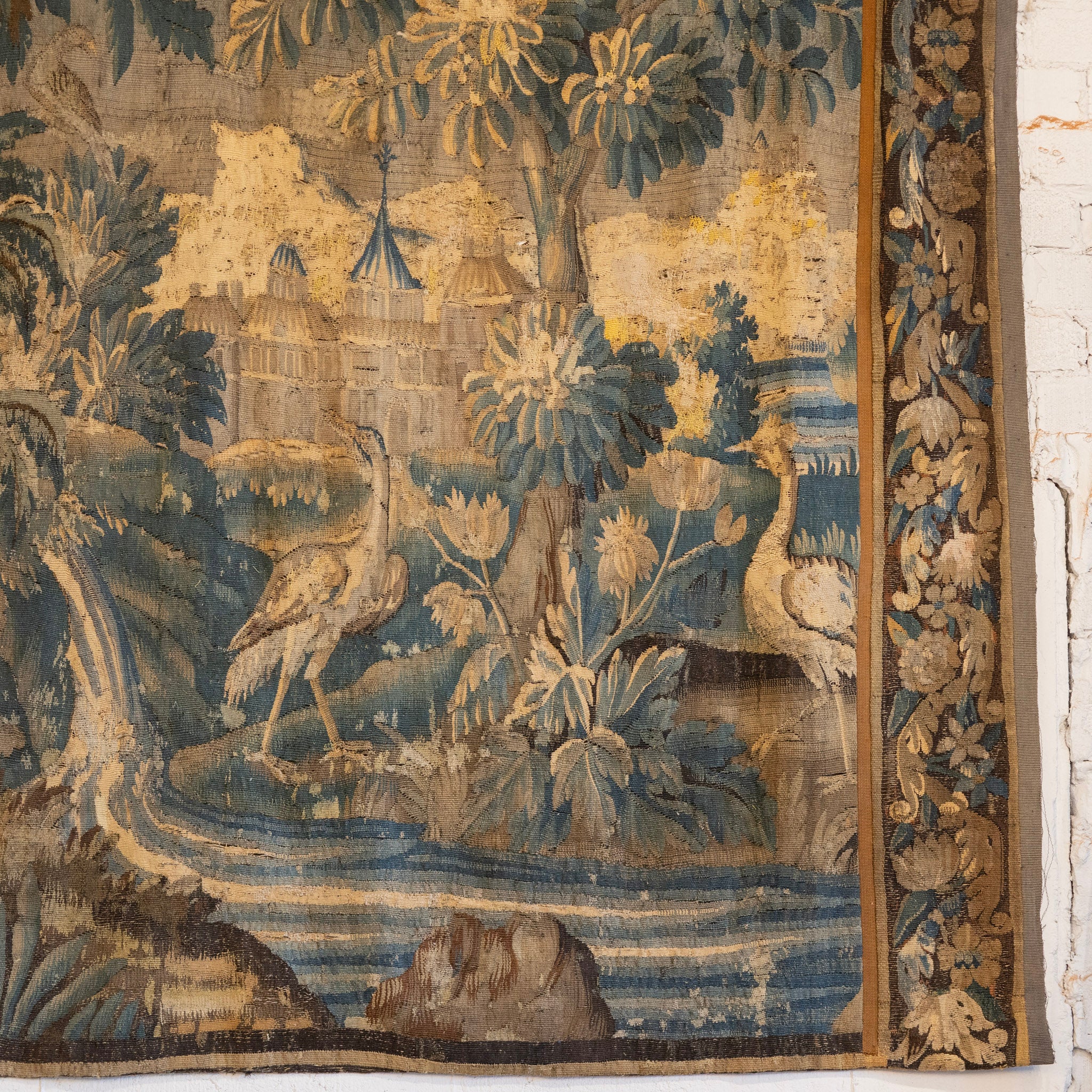 Antique French Flemish Tapestry – Handwoven Verdure Scene with Birds & Architecture - Image 10