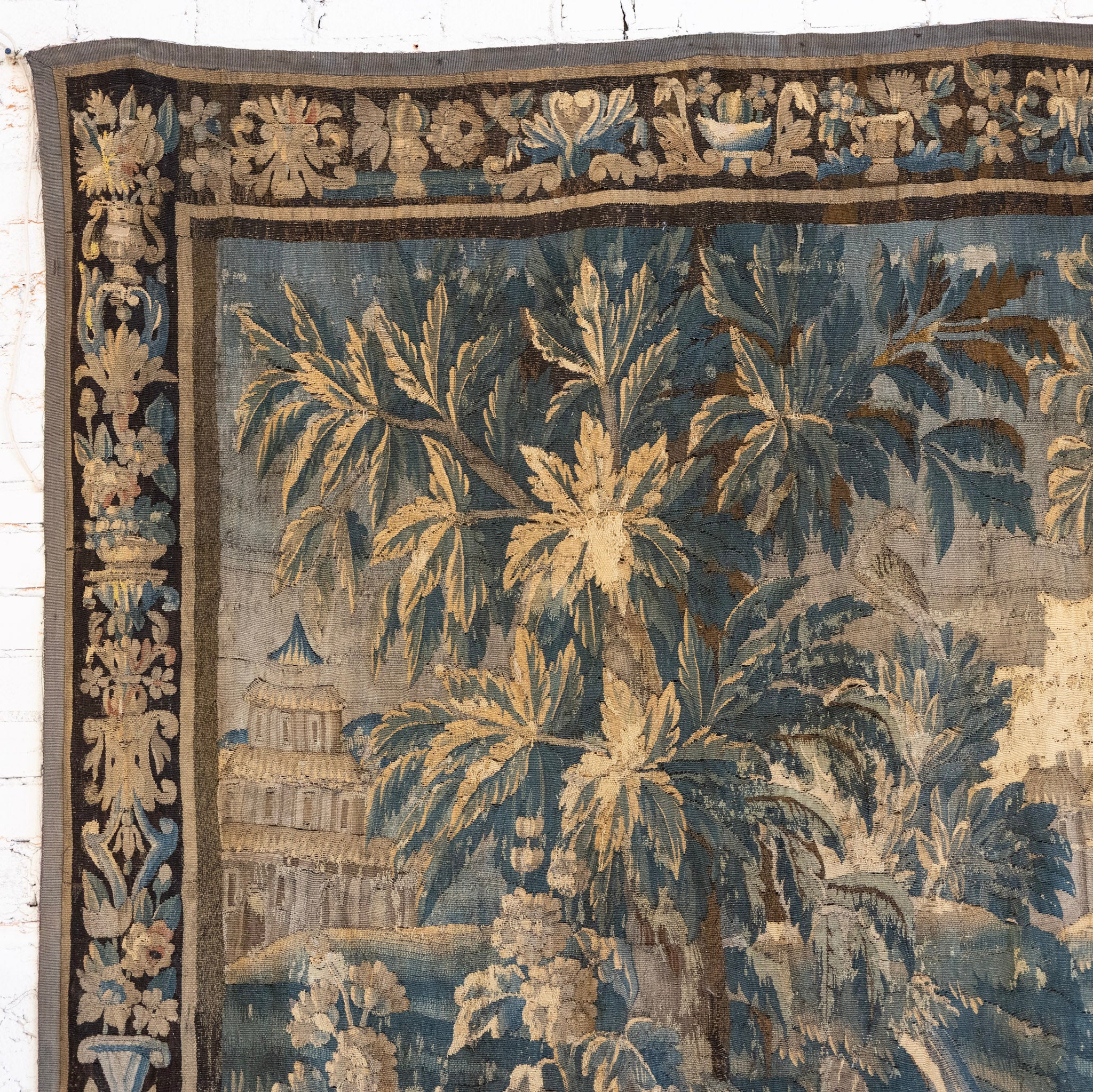 Antique French Flemish Tapestry – Handwoven Verdure Scene with Birds & Architecture - Image 3
