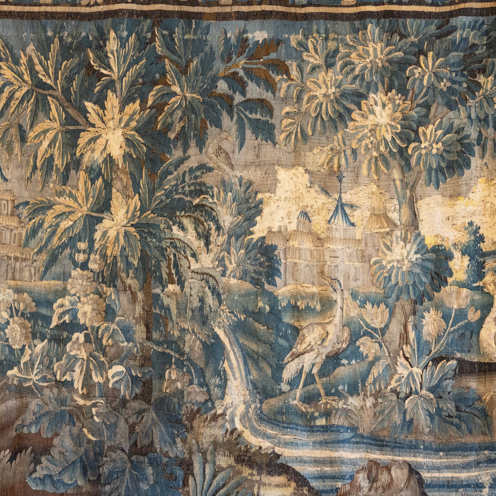 Antique French Flemish Tapestry – Handwoven Verdure Scene with Birds & Architecture - Image 4