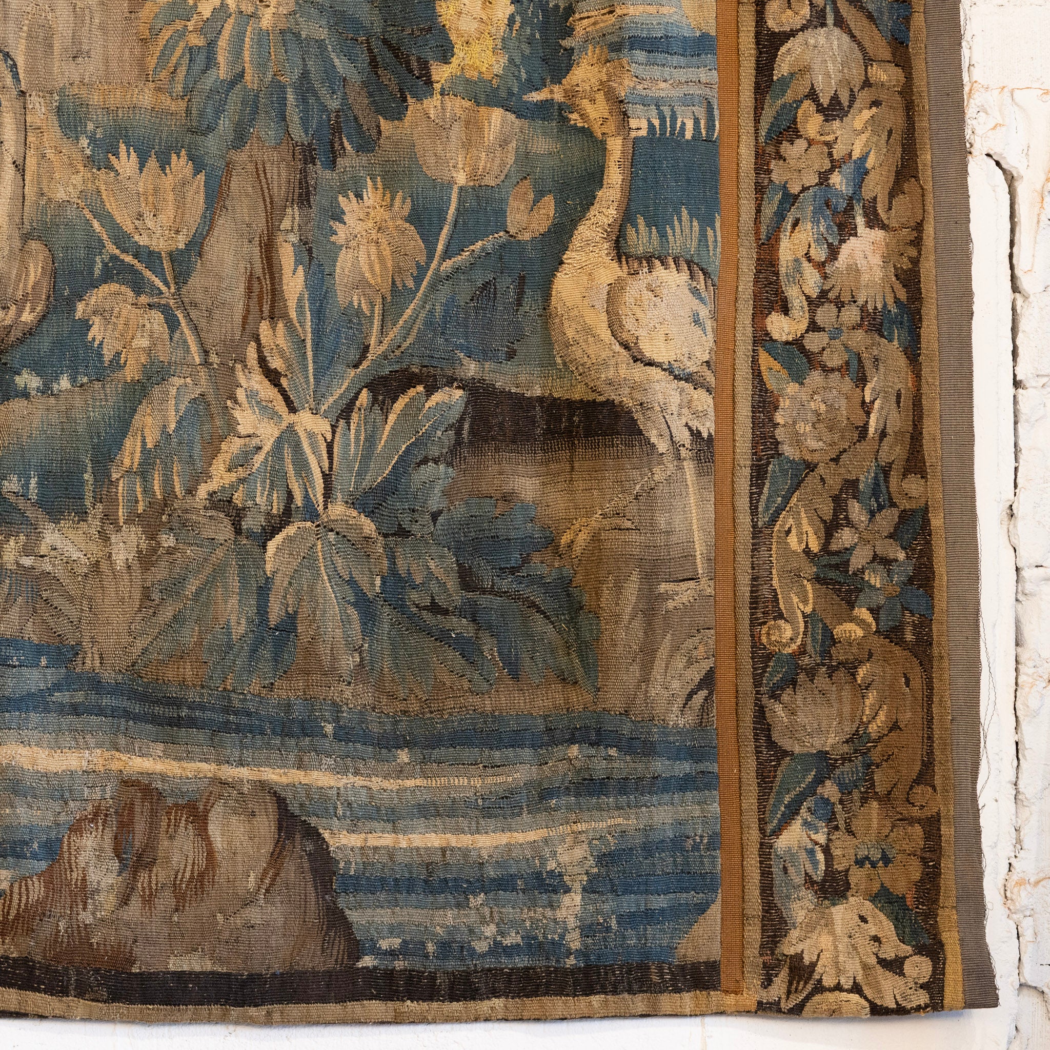 Antique French Flemish Tapestry – Handwoven Verdure Scene with Birds & Architecture - Image 5