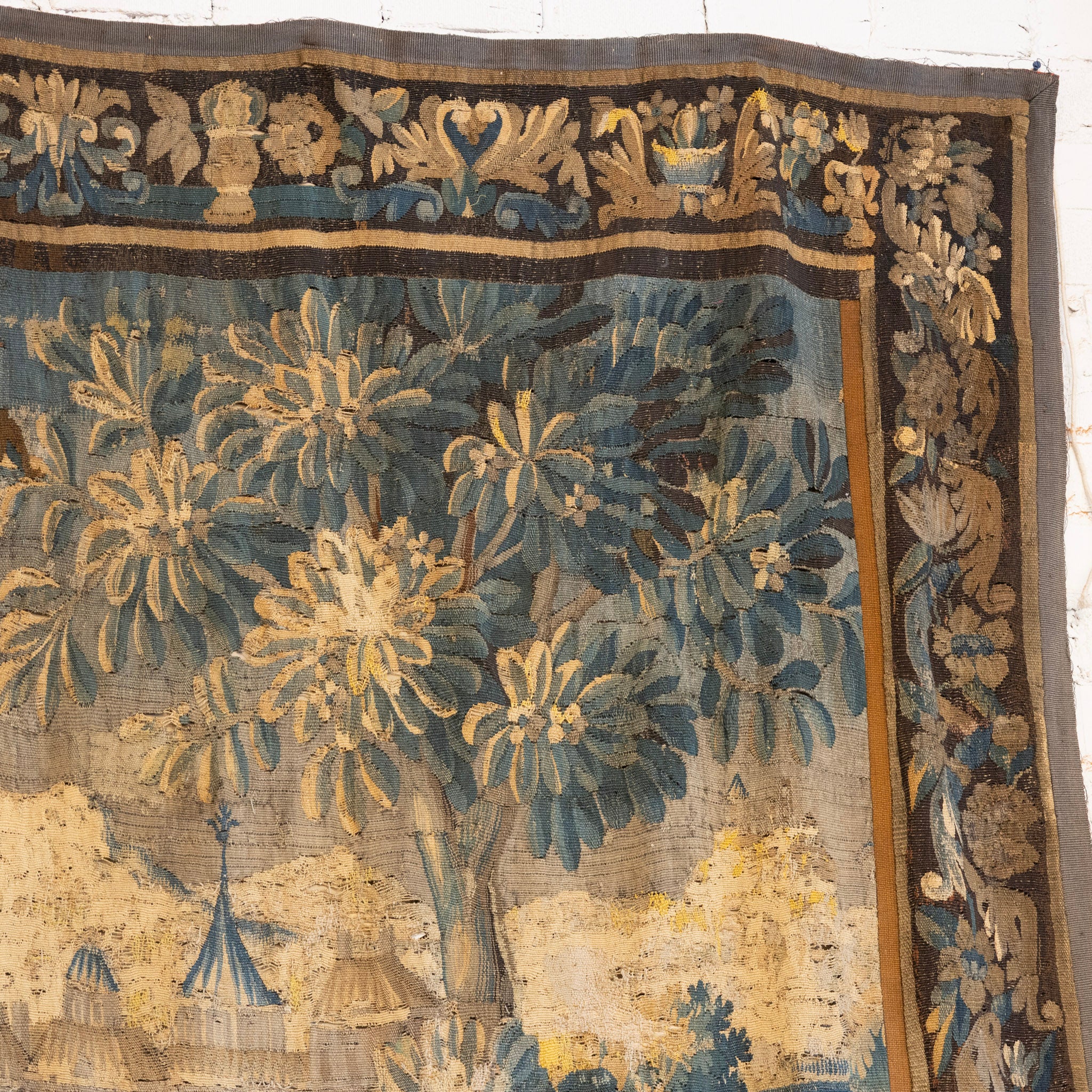 Antique French Flemish Tapestry – Handwoven Verdure Scene with Birds & Architecture - Image 6