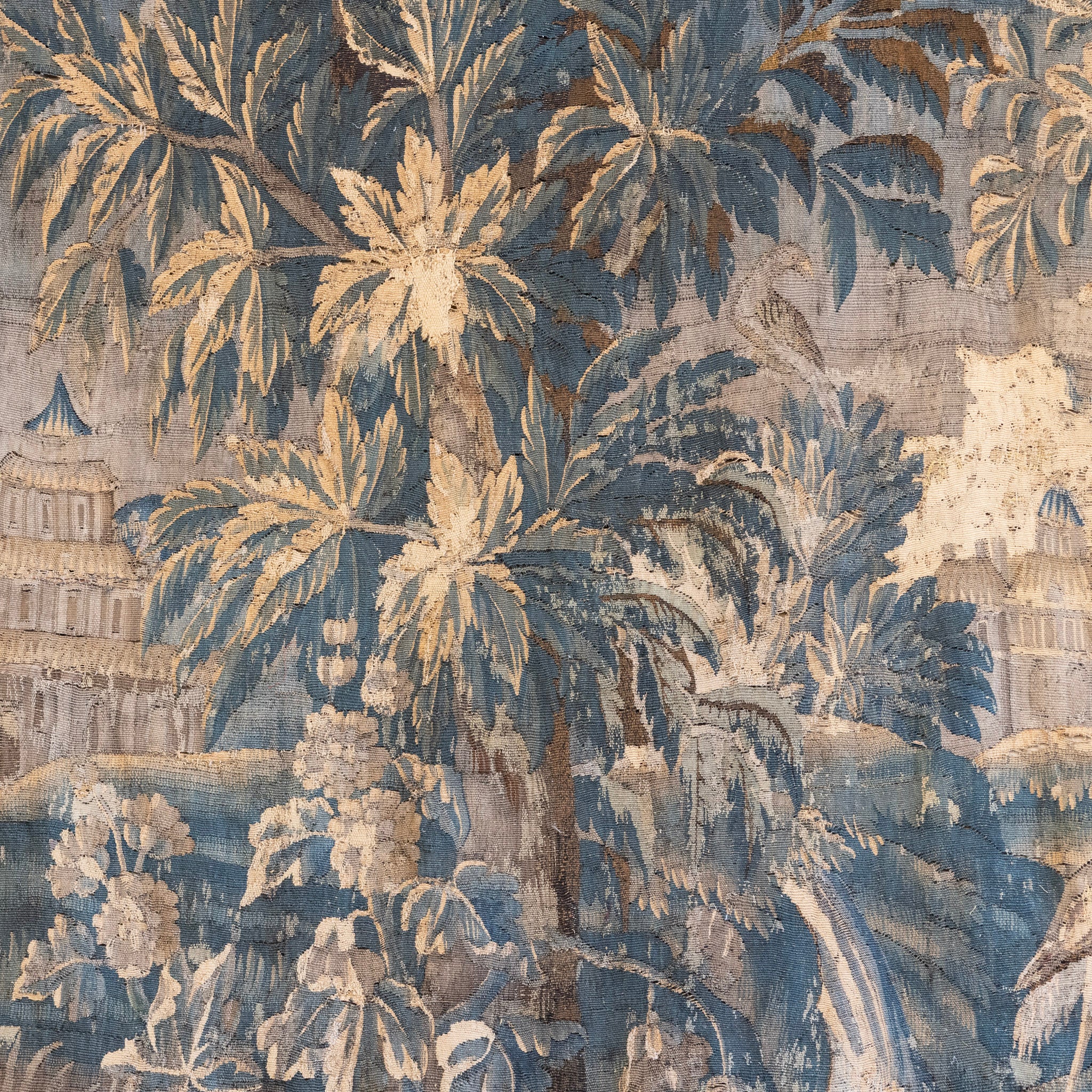 Antique French Flemish Tapestry – Handwoven Verdure Scene with Birds & Architecture - Image 7