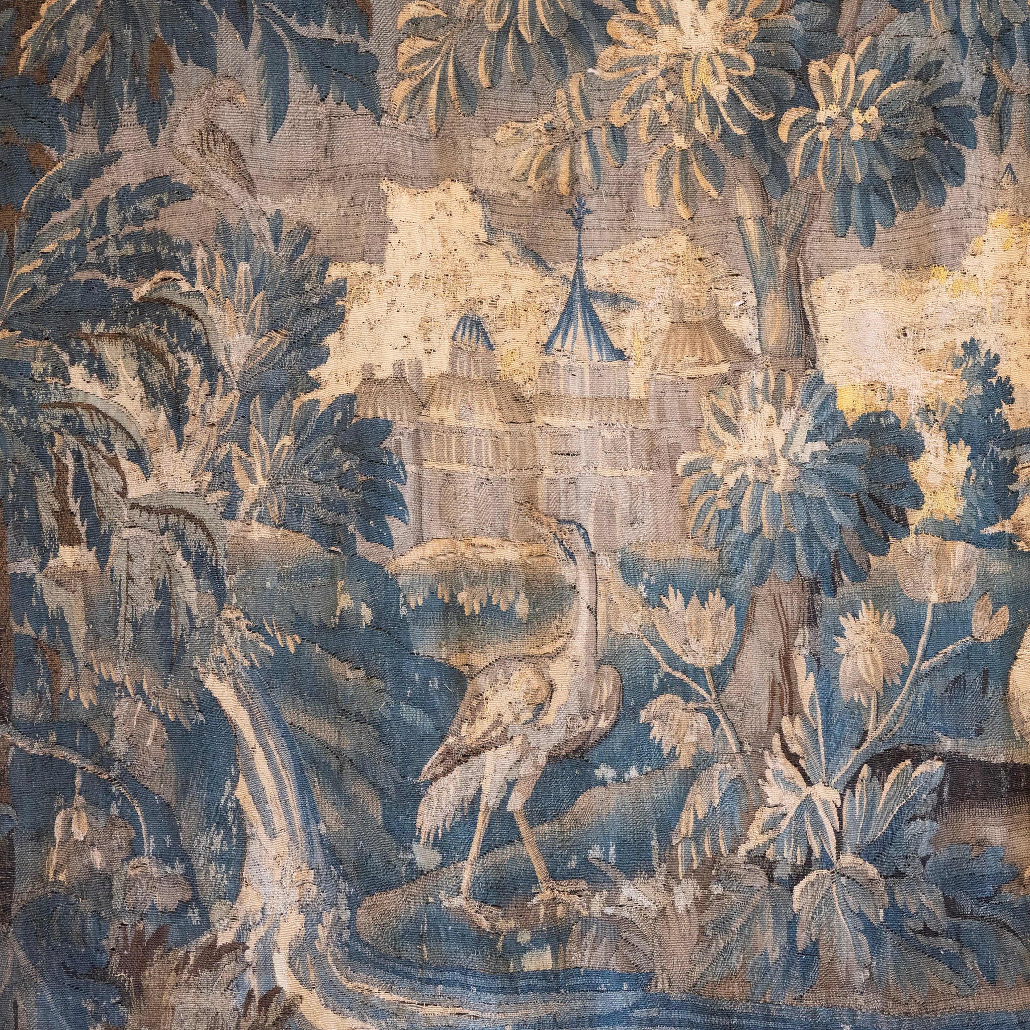 Antique French Flemish Tapestry – Handwoven Verdure Scene with Birds & Architecture - Image 8