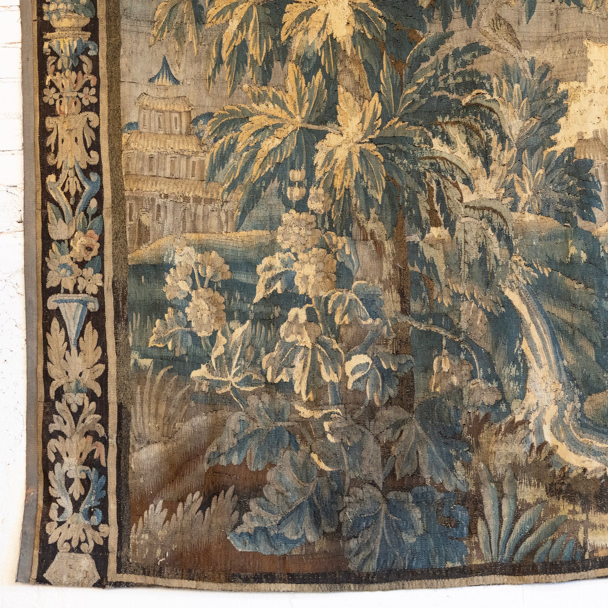 Antique French Flemish Tapestry – Handwoven Verdure Scene with Birds & Architecture - Image 9