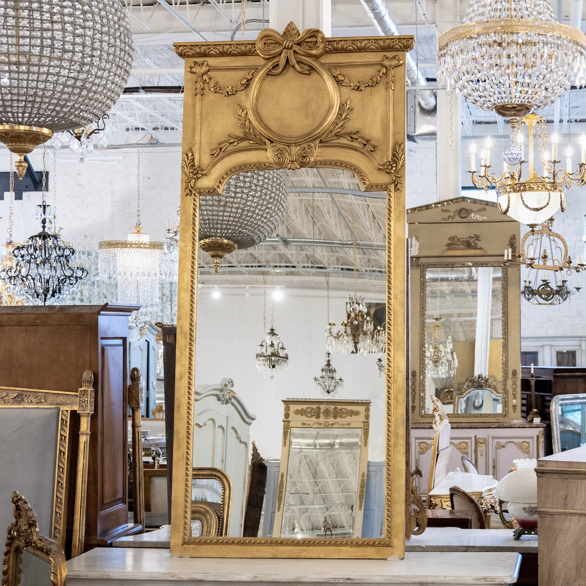 French Gold Trumeau Mirror — Bow Crest