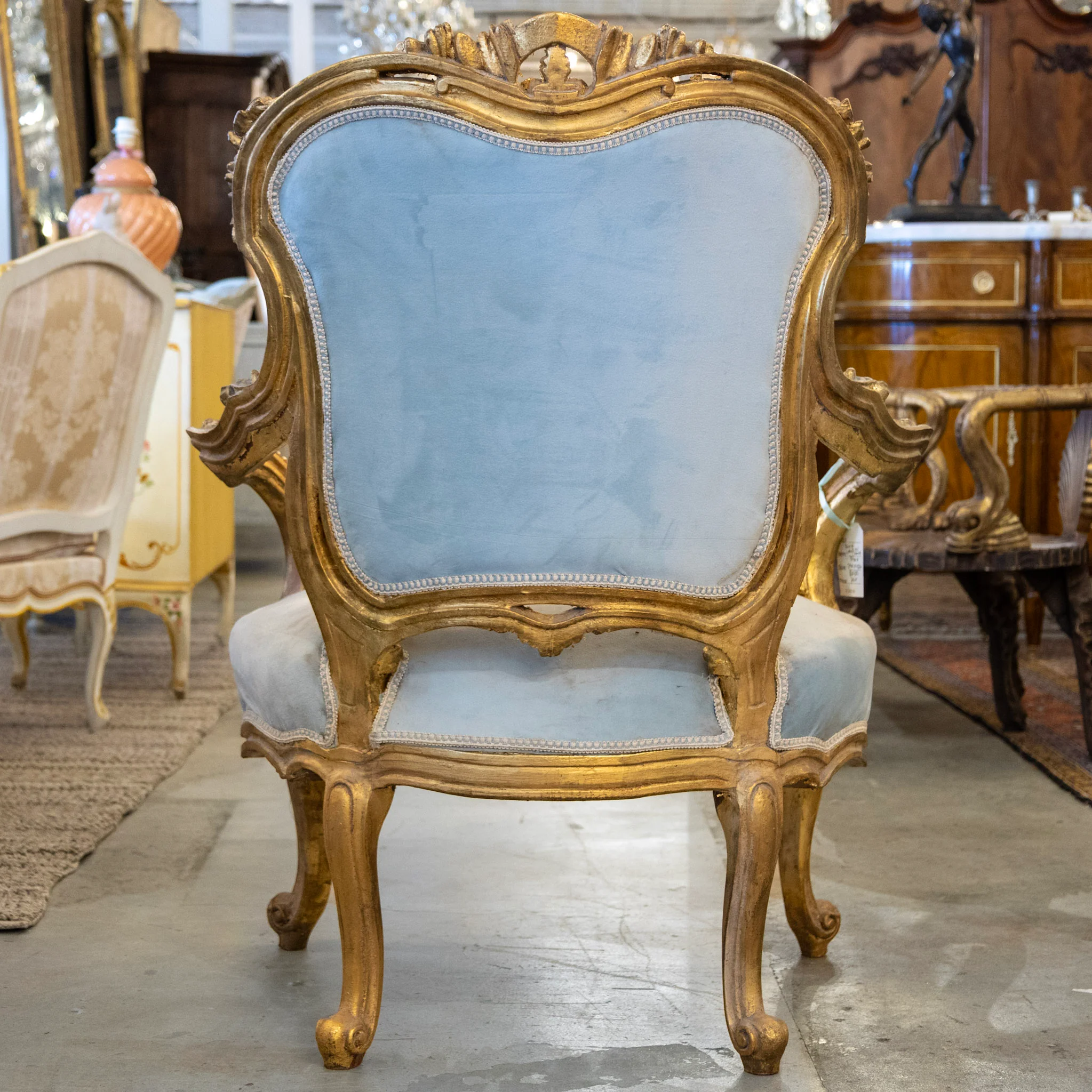 Pair of Louis XV Armchair in Blue – Gilded Frame & Carved Details - Image 4