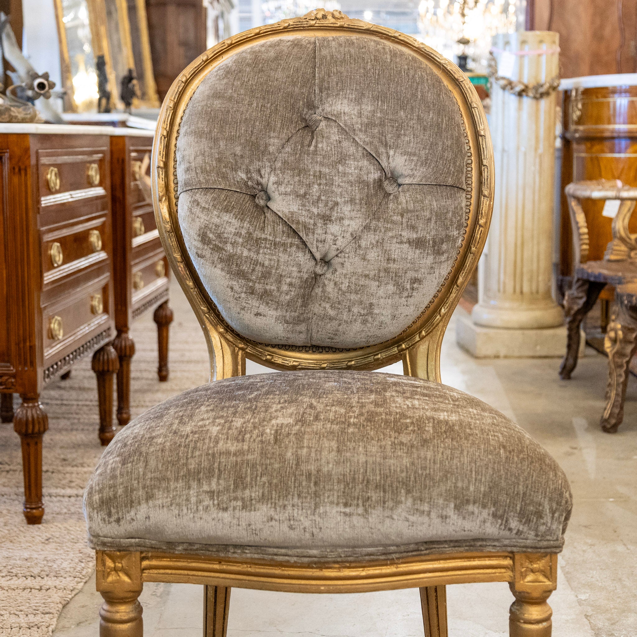 Louis XVI Round Dining Chair – Gold Frame & Green Velvet and Floral Upholstery - Image 3