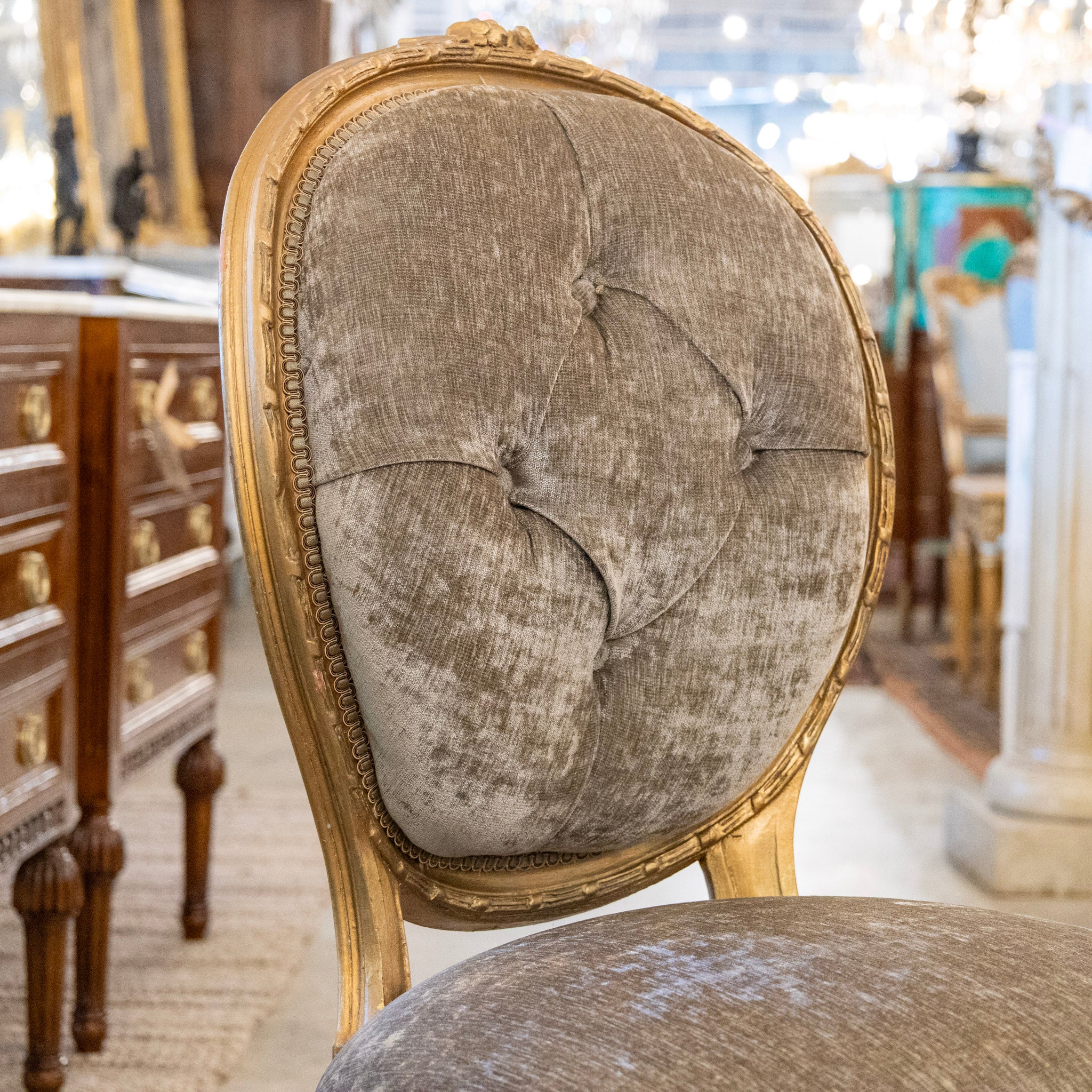 Louis XVI Round Dining Chair – Gold Frame & Green Velvet and Floral Upholstery - Image 4