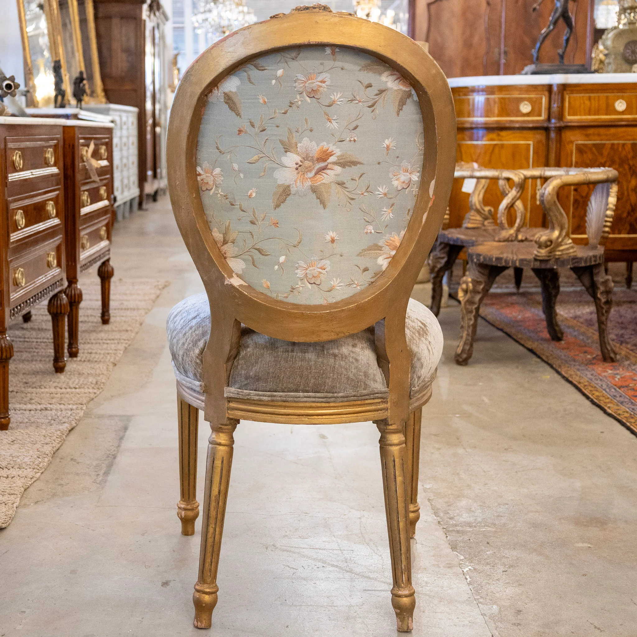 Louis XVI Round Dining Chair – Gold Frame & Green Velvet and Floral Upholstery - Image 5