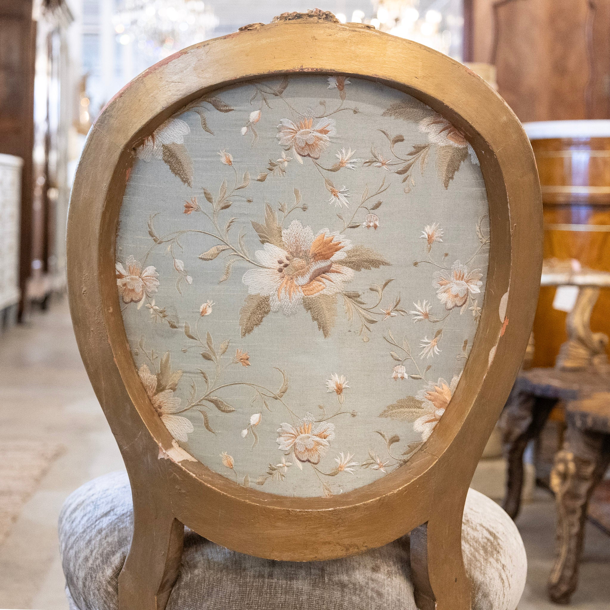 Louis XVI Round Dining Chair – Gold Frame & Green Velvet and Floral Upholstery - Image 6