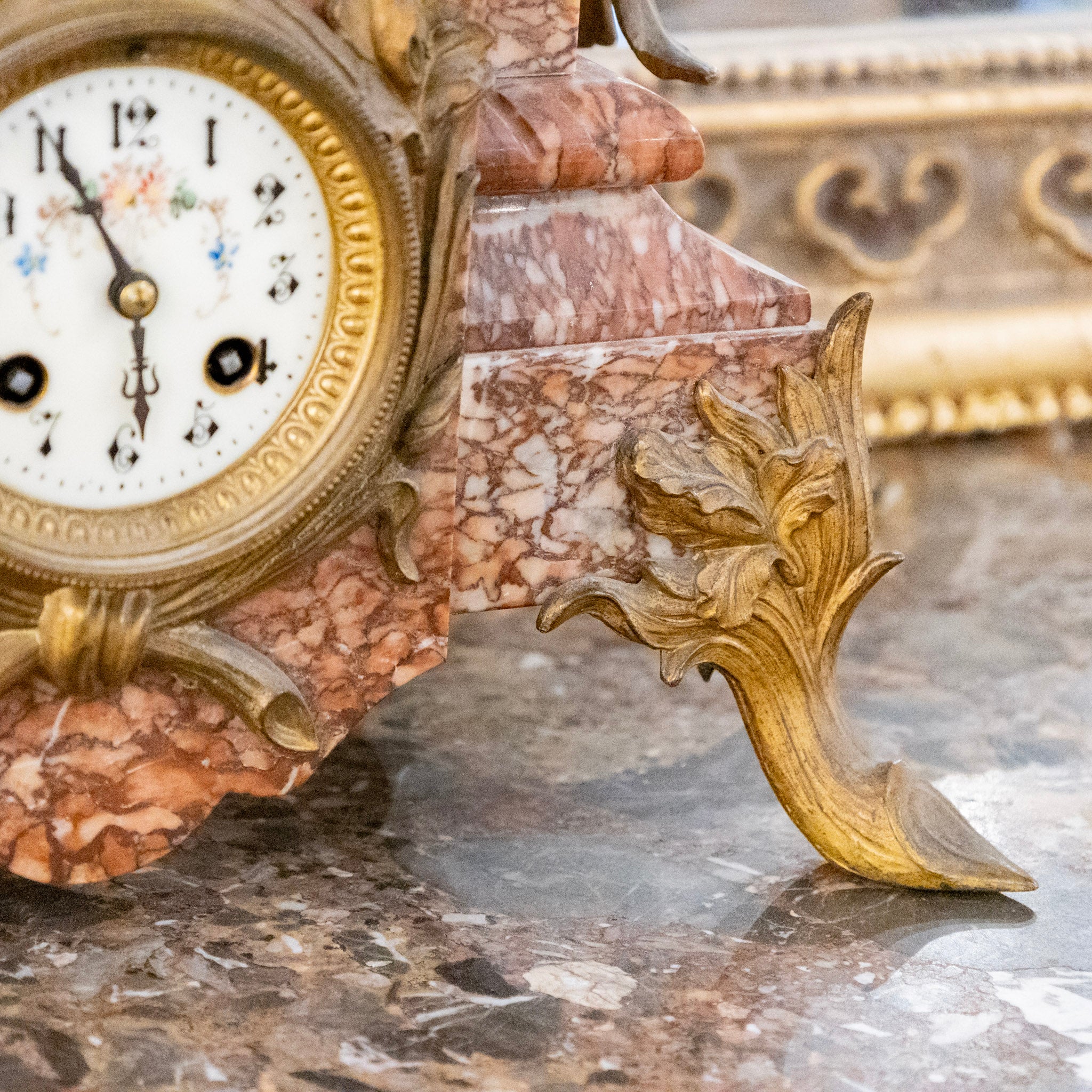 French Pink Breccia Marble Mantel Clock – Brass Trim - Image 4