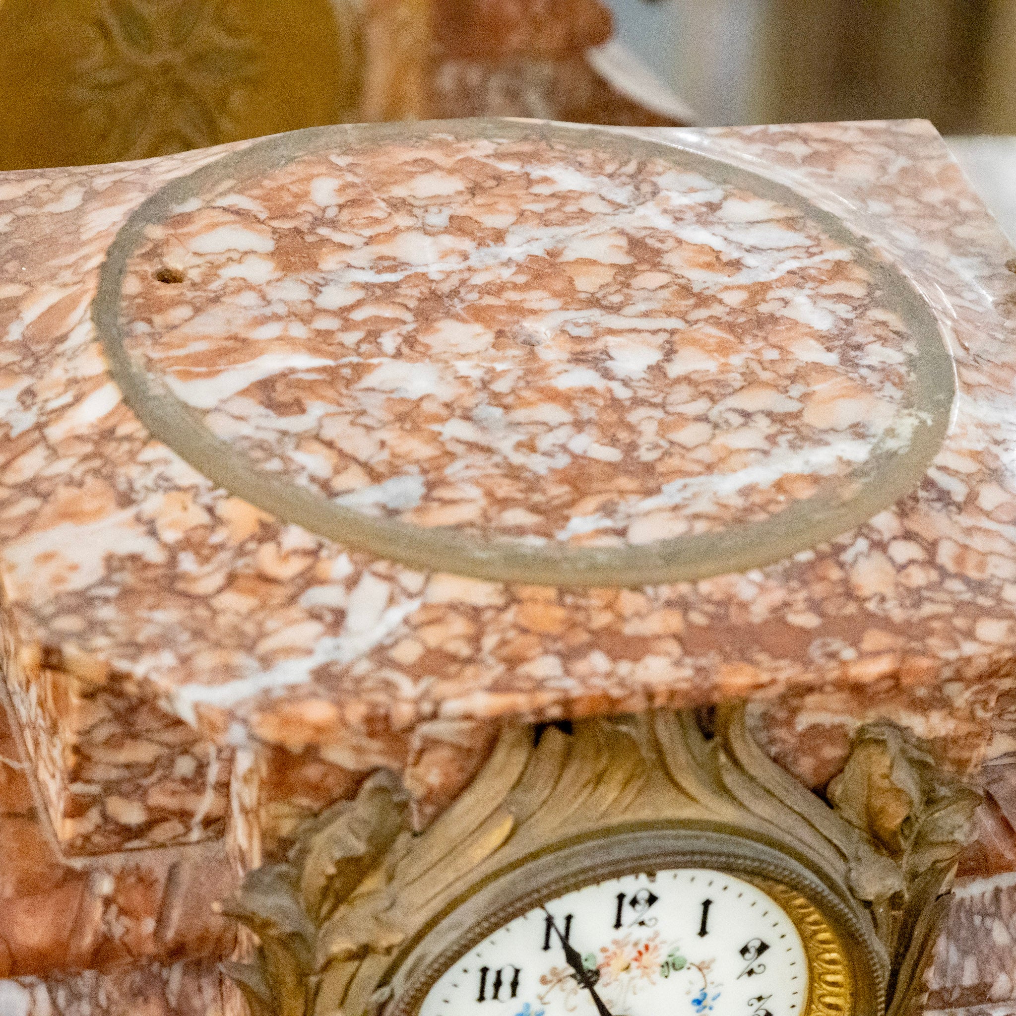 French Pink Breccia Marble Mantel Clock – Brass Trim - Image 6