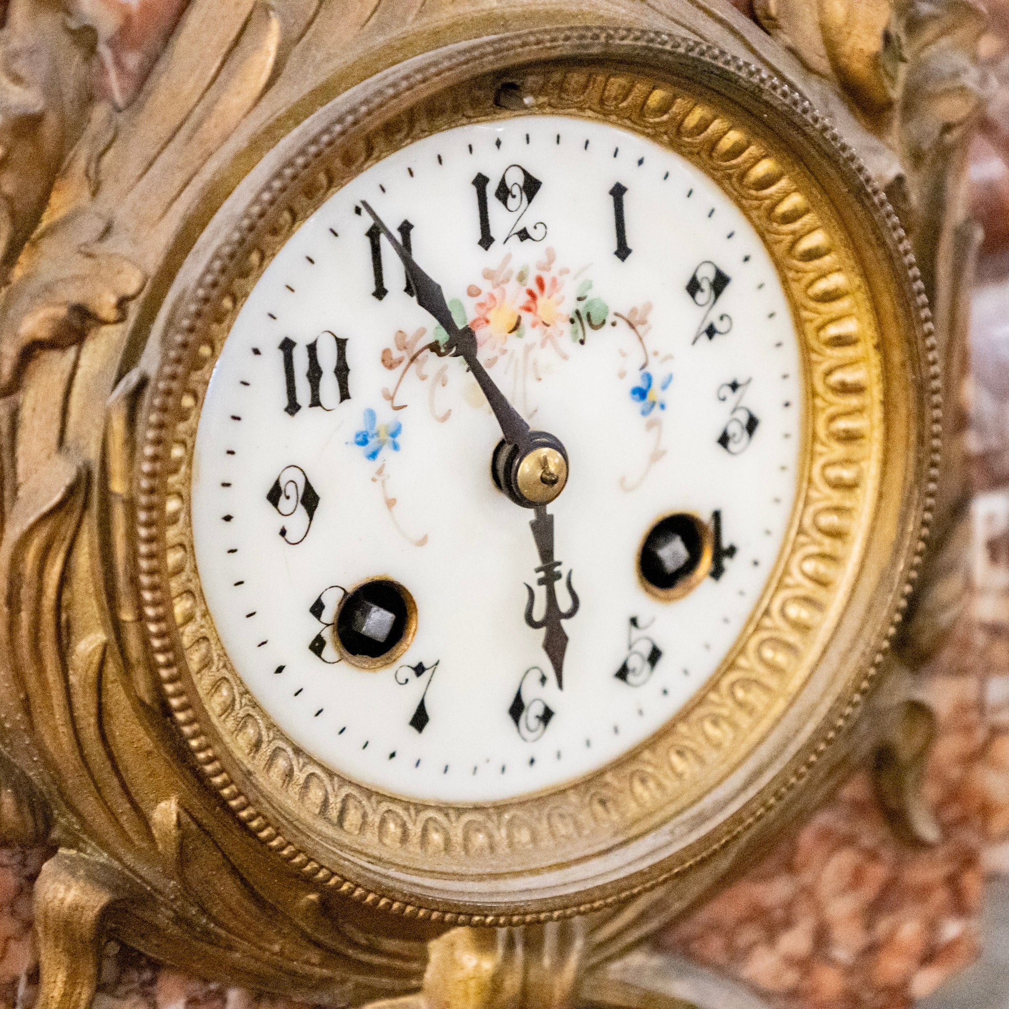 French Pink Breccia Marble Mantel Clock – Brass Trim - Image 7