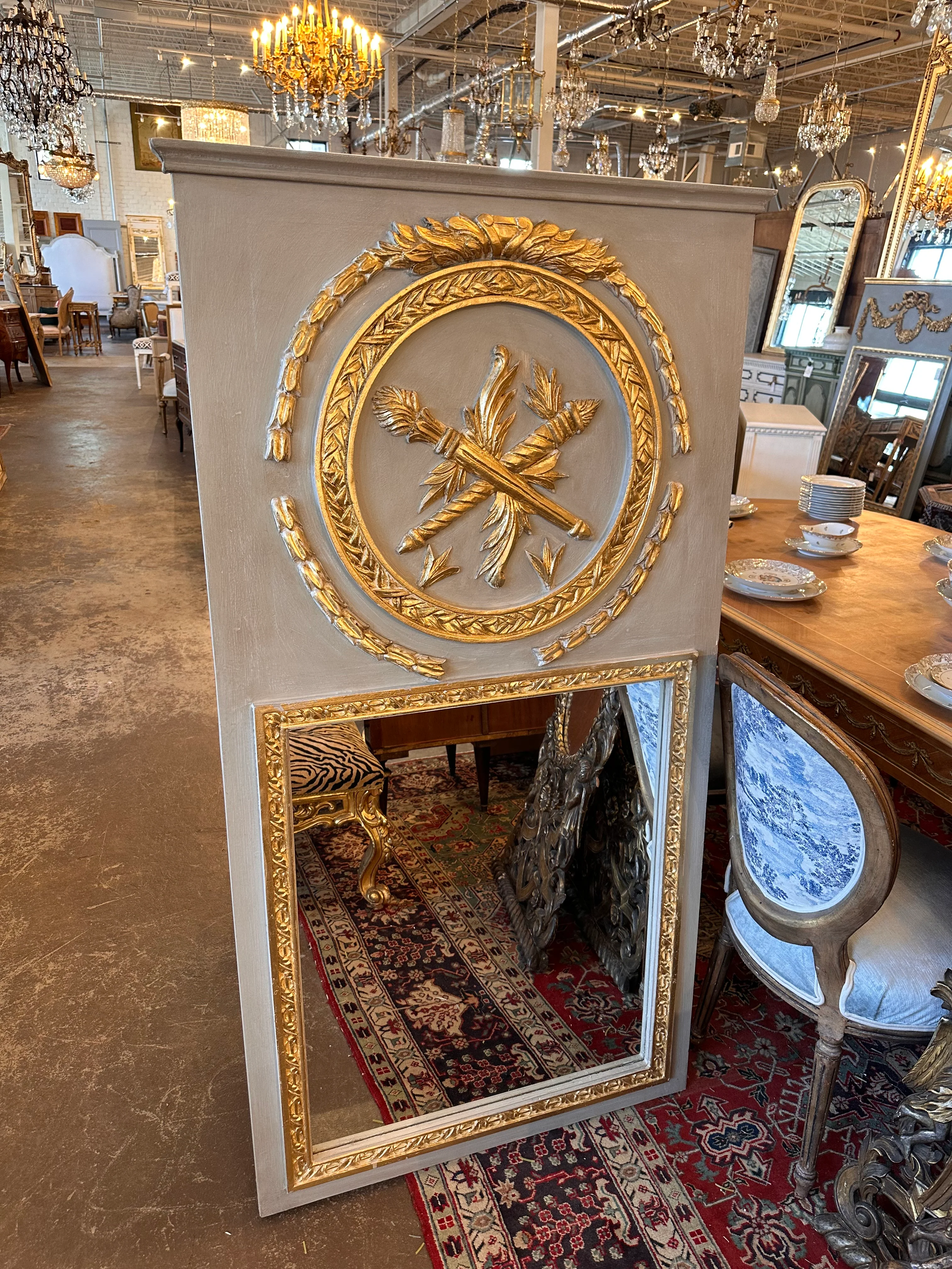 Antique French Trumeau Mirror in Grey & Gold
