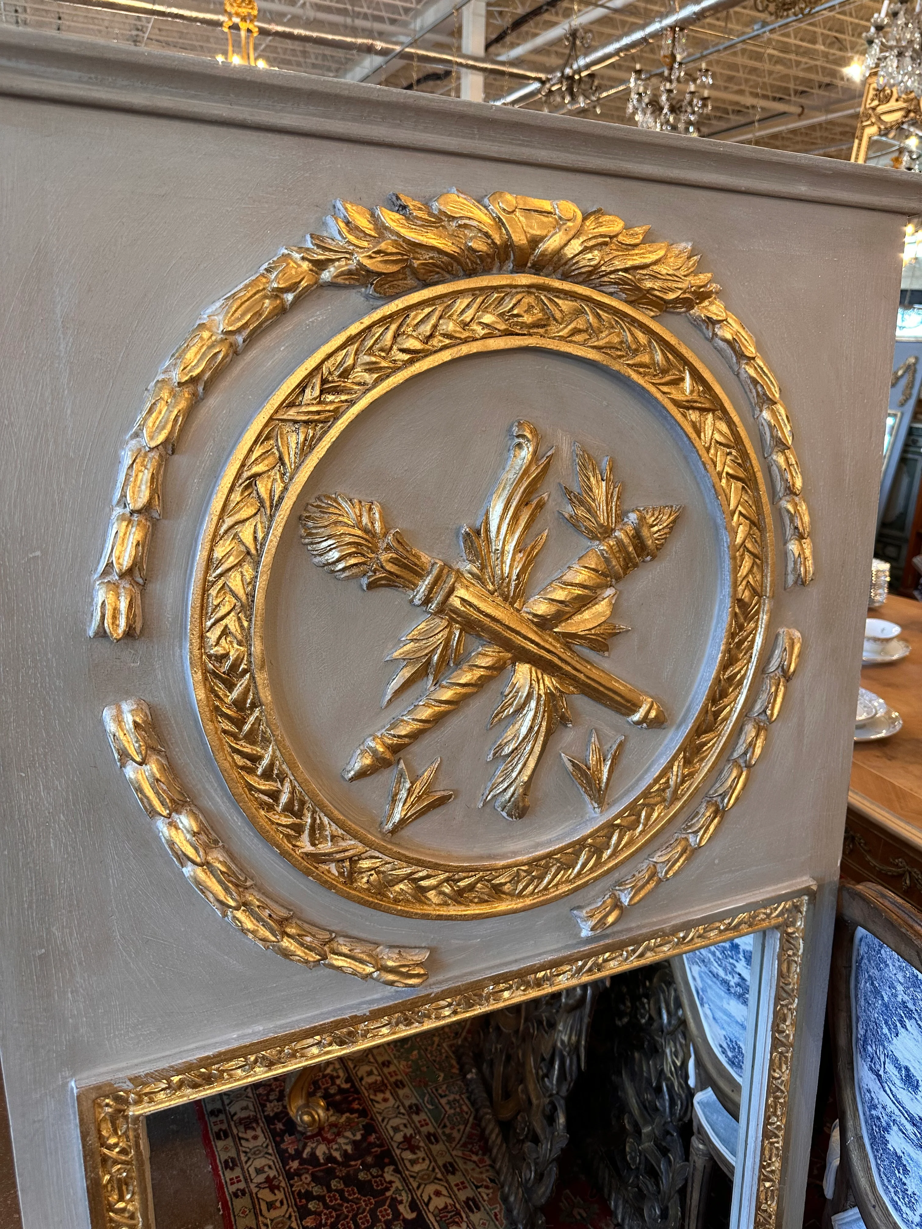 Antique French Trumeau Mirror in Grey & Gold - Image 2