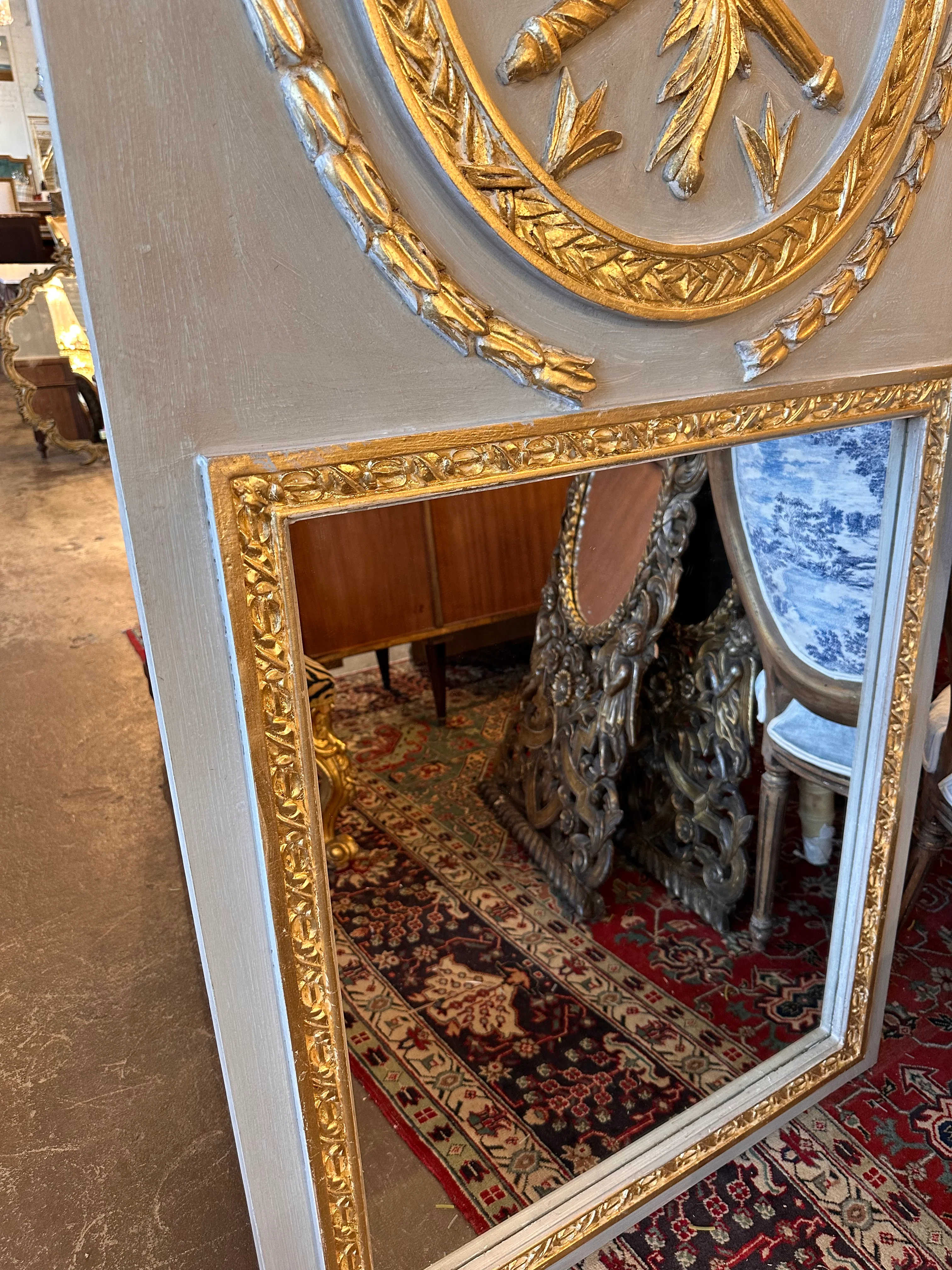 Antique French Trumeau Mirror in Grey & Gold - Image 3