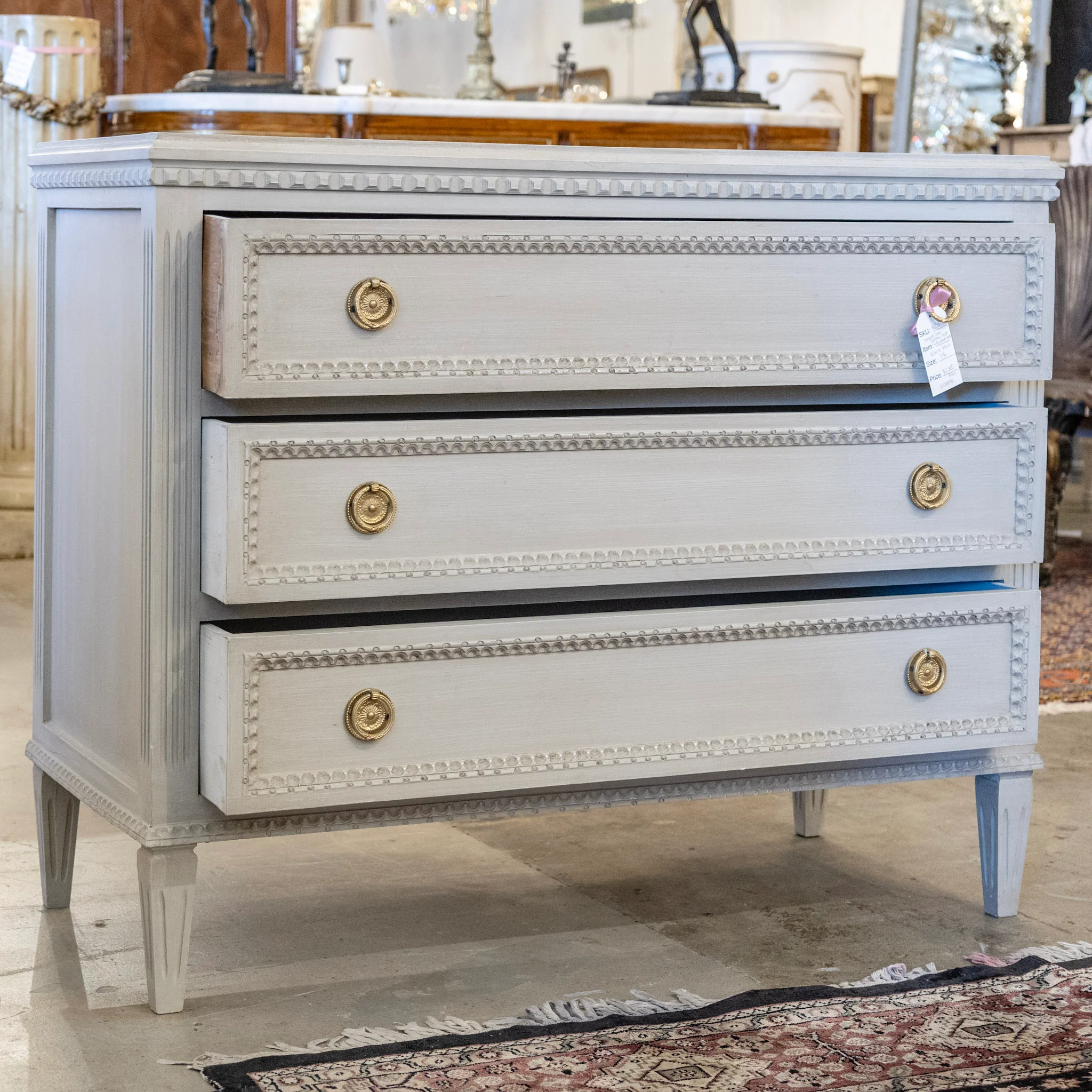 Swedish 3-Drawer Chest – Beaded Drawer Trim & Brass Pulls in French Grey - Image 3