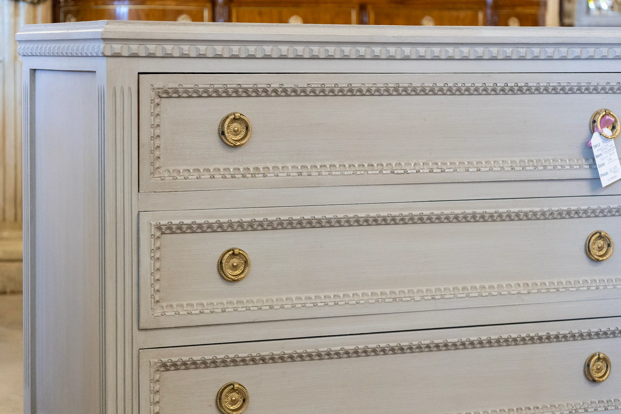 Swedish 3-Drawer Chest – Beaded Drawer Trim & Brass Pulls in French Grey - Image 5