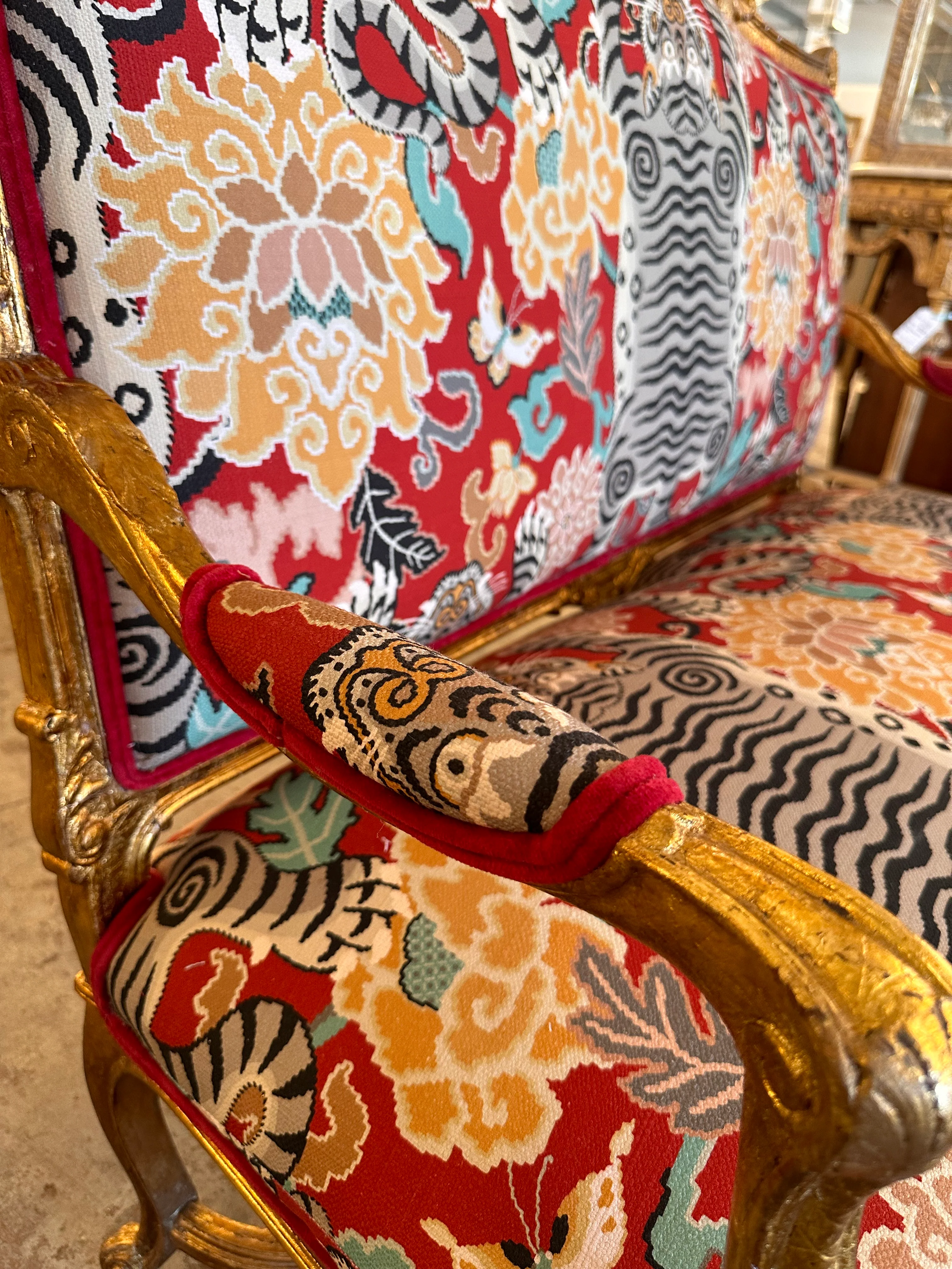 Antique Louis XV Settee with Newly Upholstered Tiger Pattern Fabric - Image 3