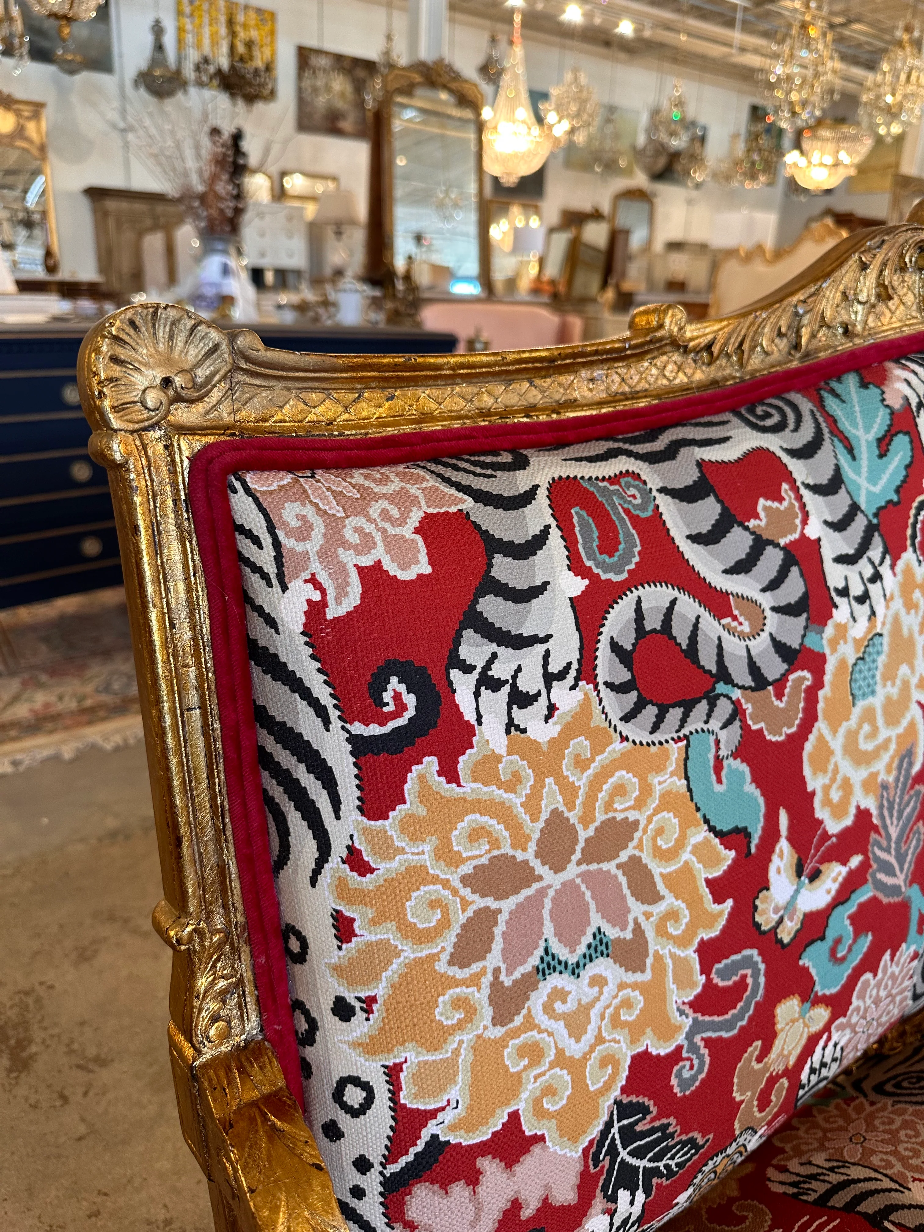 Antique Louis XV Settee with Newly Upholstered Tiger Pattern Fabric - Image 4