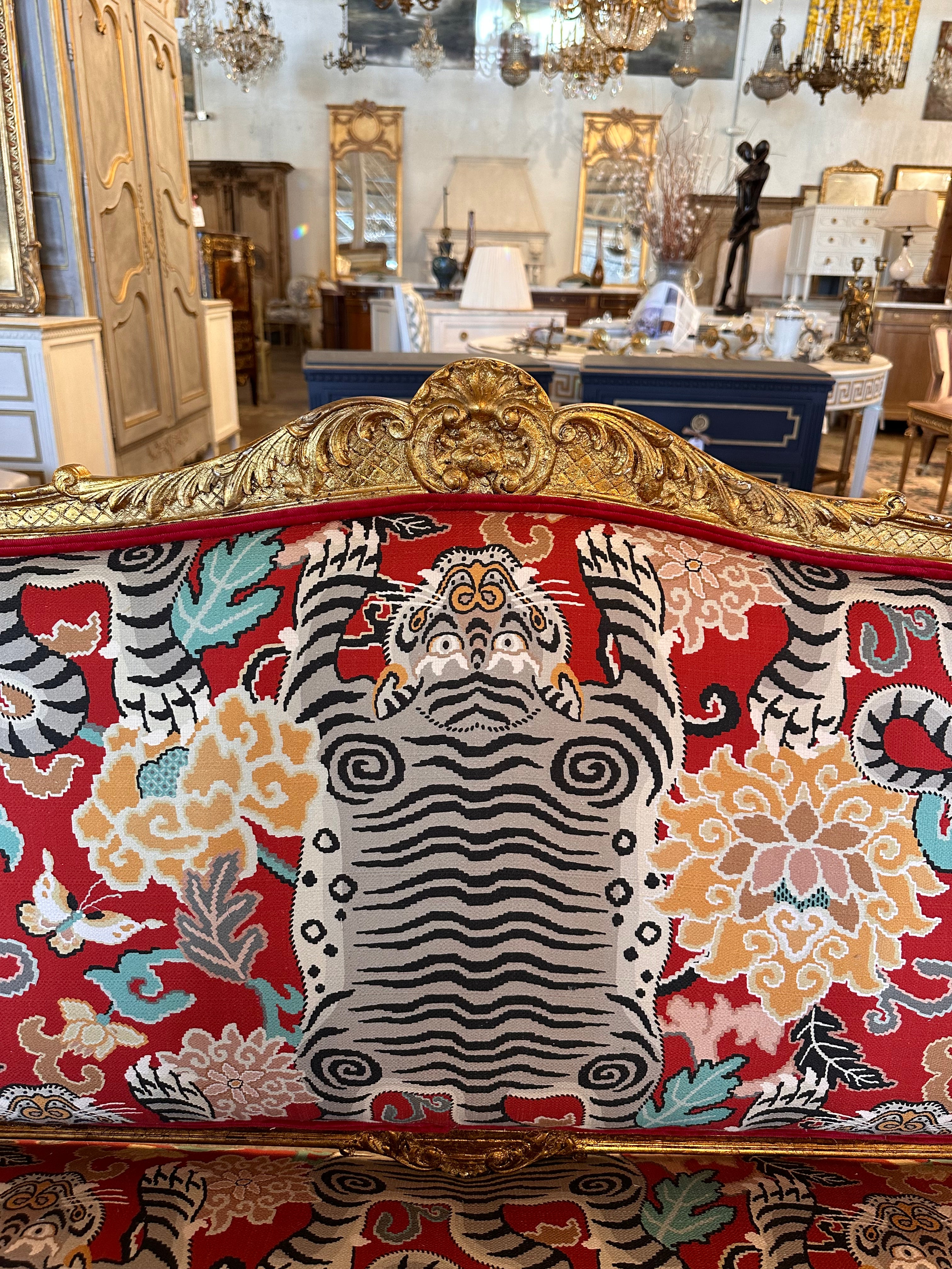 Antique Louis XV Settee with Newly Upholstered Tiger Pattern Fabric - Image 5