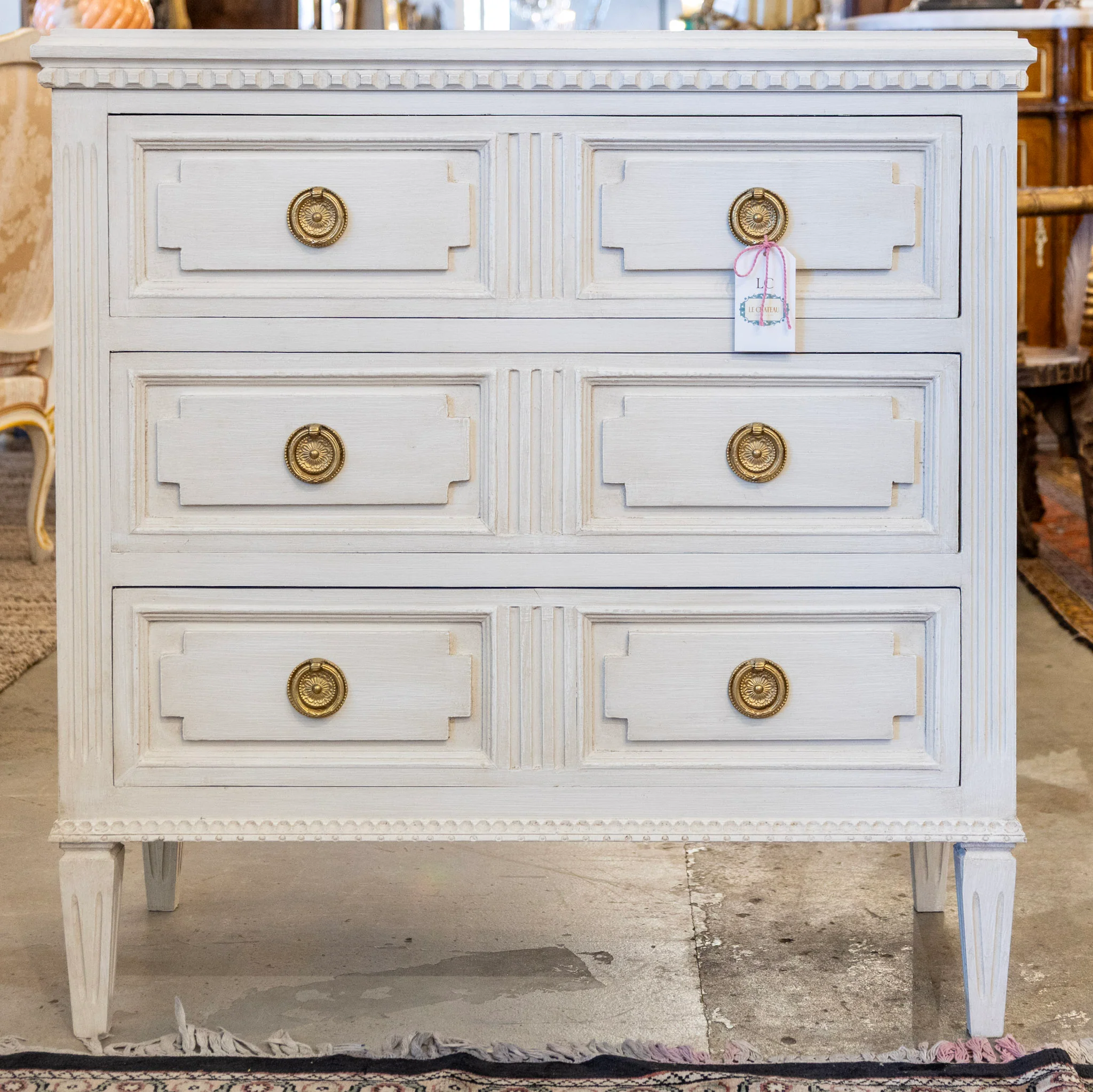 Swedish 3-Drawer Nightstand – Multi-Parted Reeded Drawers & Brass Pulls in White - Image 3