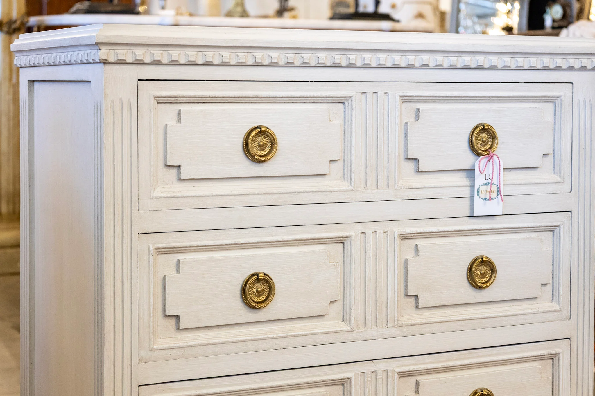 Swedish 3-Drawer Nightstand – Multi-Parted Reeded Drawers & Brass Pulls in White - Image 5
