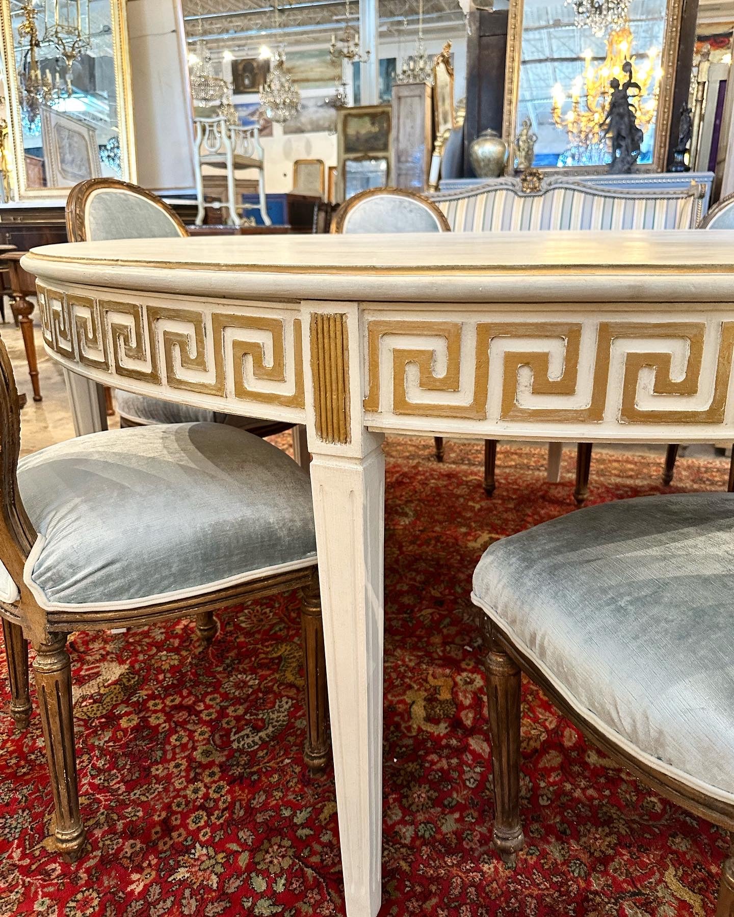 Swedish Round Dining Table with Greek Key Trim in White - Image 4