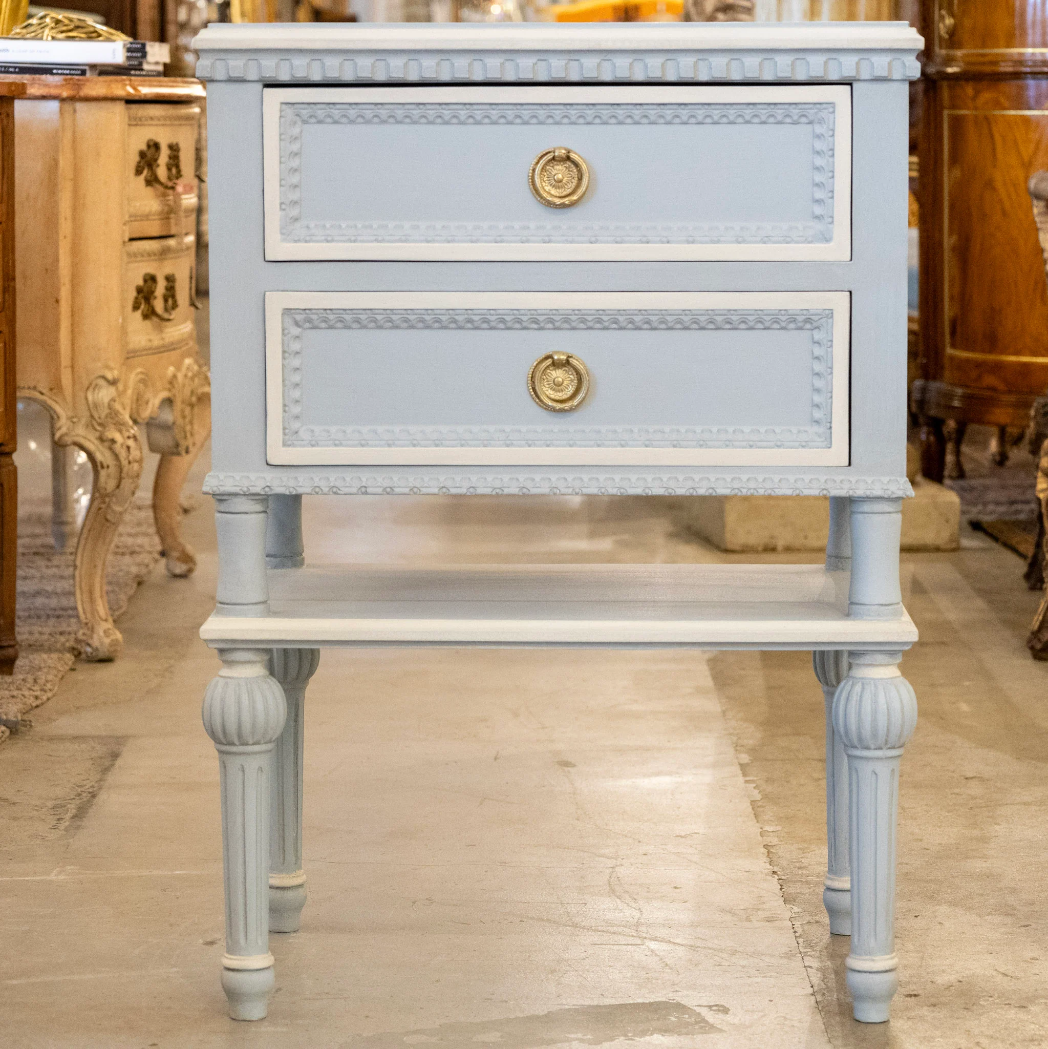 Swedish 2-Drawer Nightstand – Large Brass Pulls & Lower Shelf in Blue
