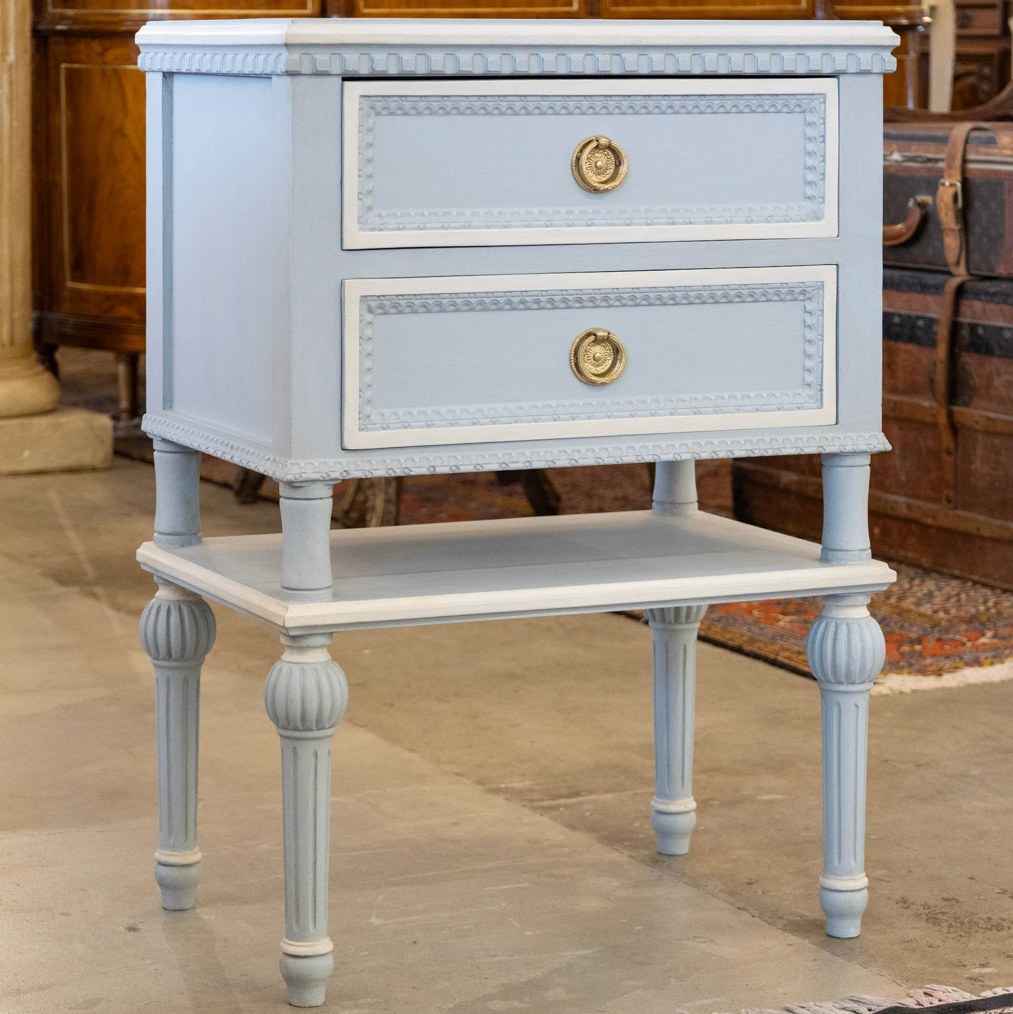 Swedish 2-Drawer Nightstand – Large Brass Pulls & Lower Shelf in Blue - Image 2