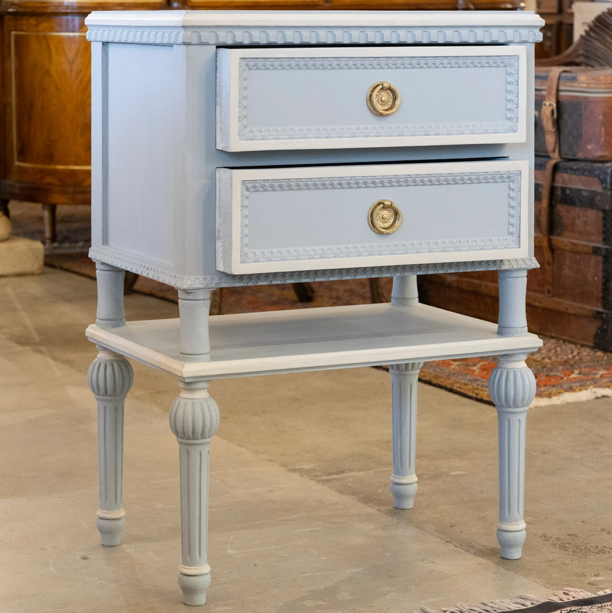 Swedish 2-Drawer Nightstand – Large Brass Pulls & Lower Shelf in Blue - Image 3