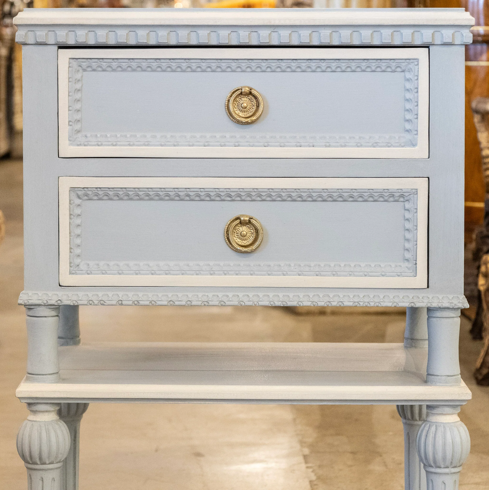Swedish 2-Drawer Nightstand – Large Brass Pulls & Lower Shelf in Blue - Image 4