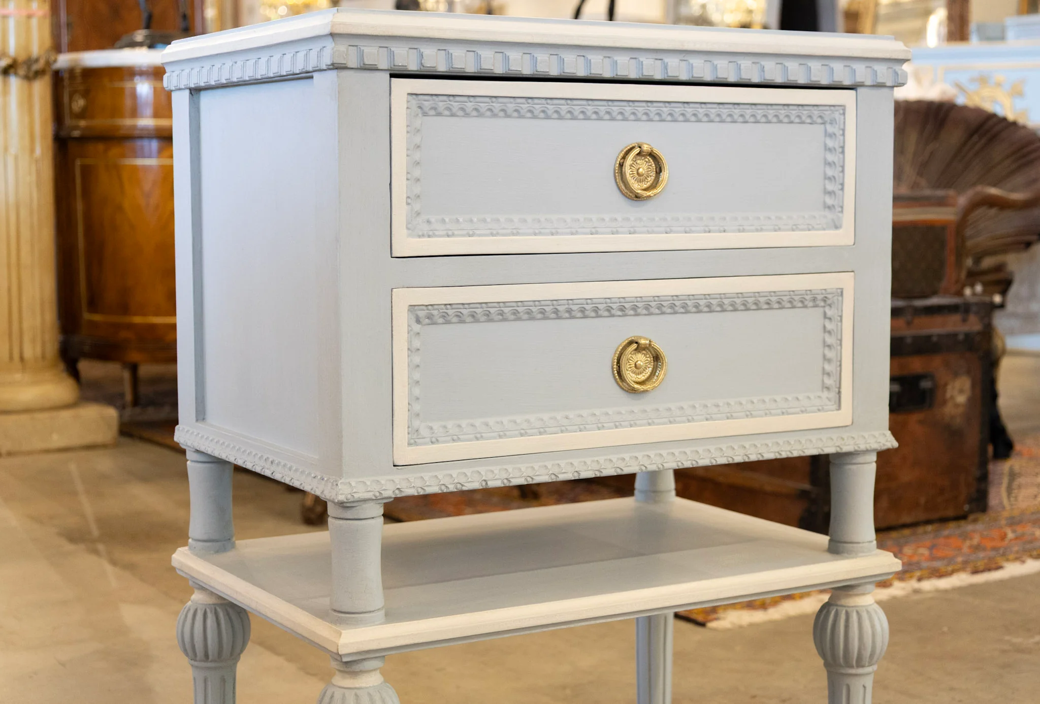 Swedish 2-Drawer Nightstand – Large Brass Pulls & Lower Shelf in Blue - Image 5