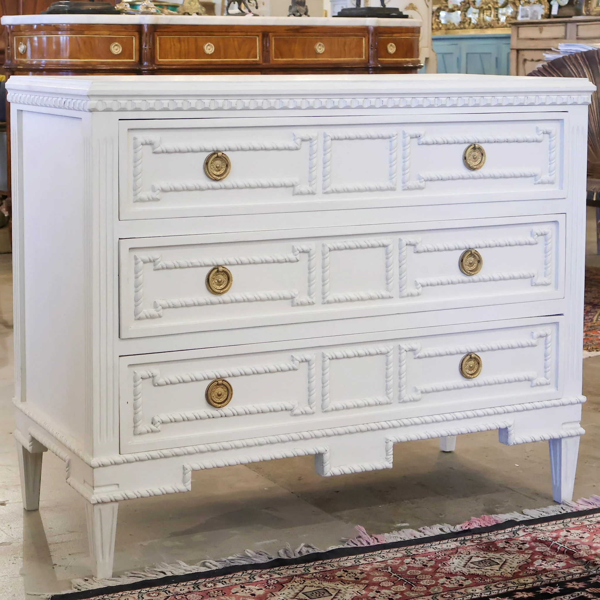 Swedish 3-Drawer Chest – Open Block Rope Carved Trim