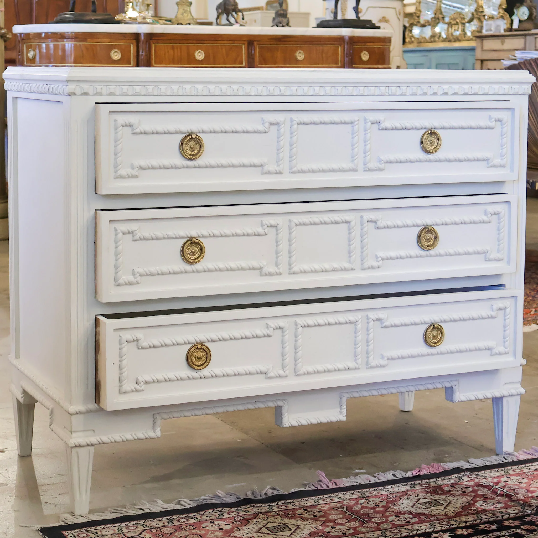 Swedish 3-Drawer Chest – Open Block Rope Carved Trim - Image 2