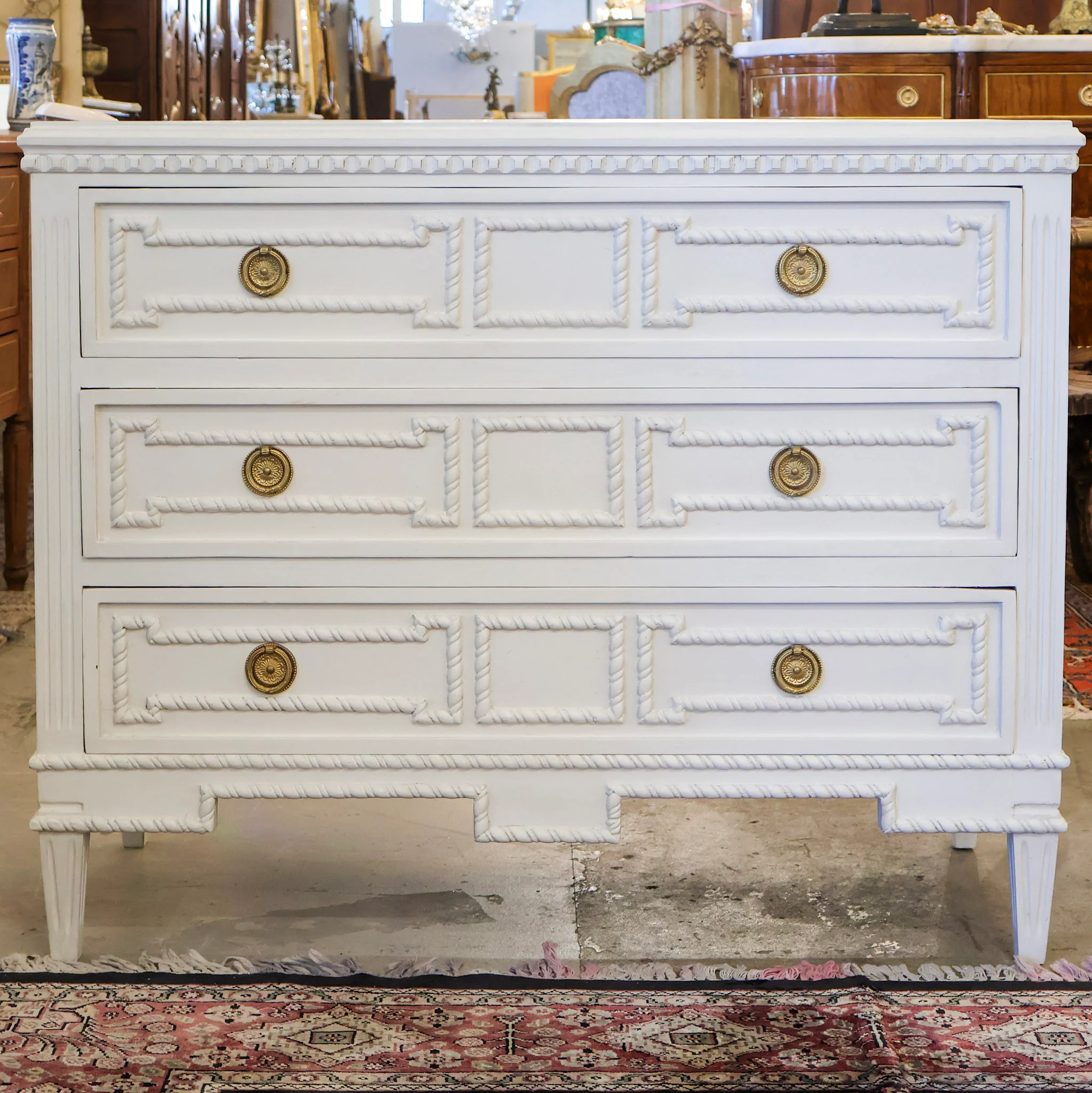 Swedish 3-Drawer Chest – Open Block Rope Carved Trim - Image 3