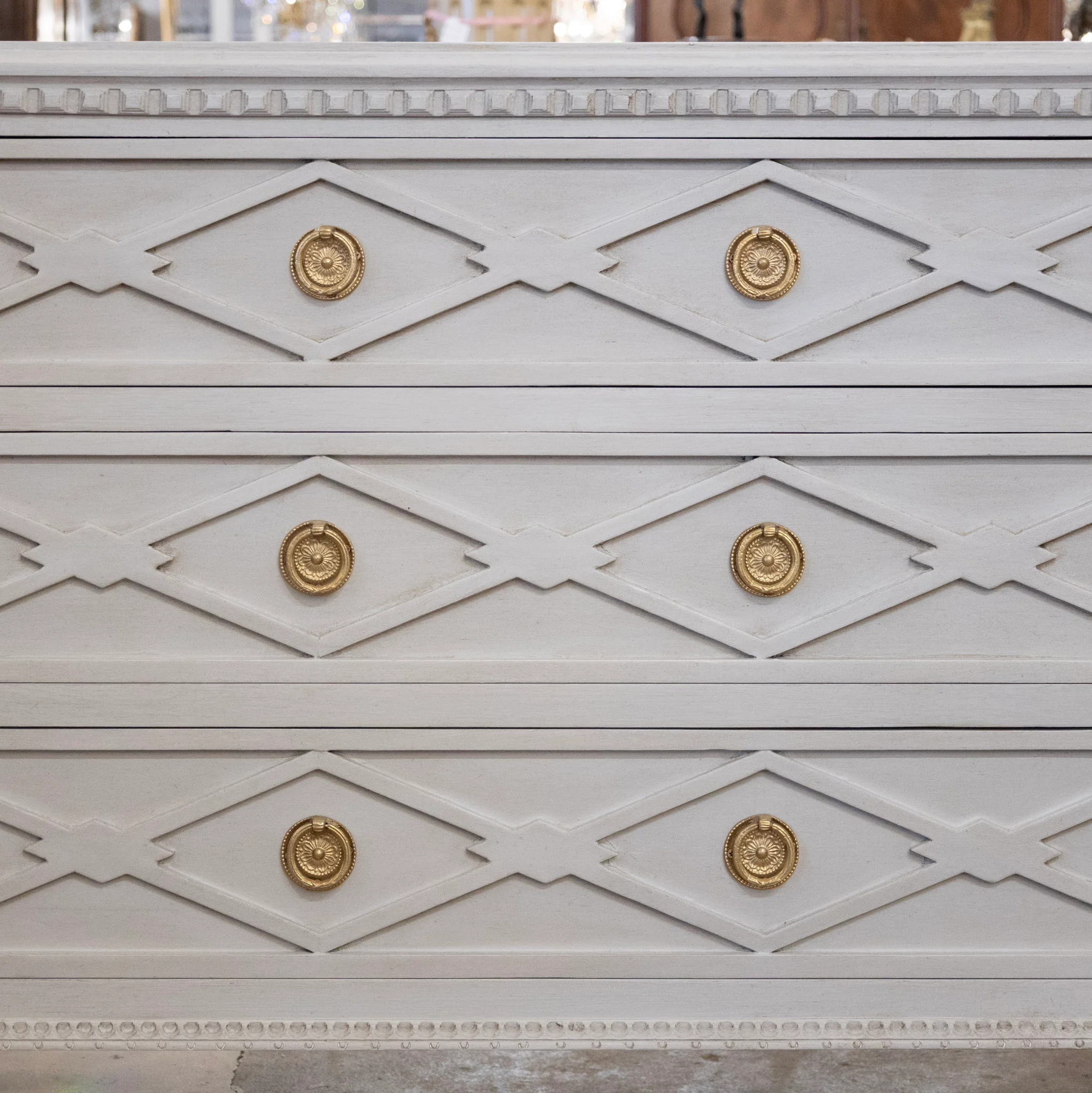 Swedish 3-Drawer Chest – Open Diamond Trim & Tapered Legs in French Grey - Image 3