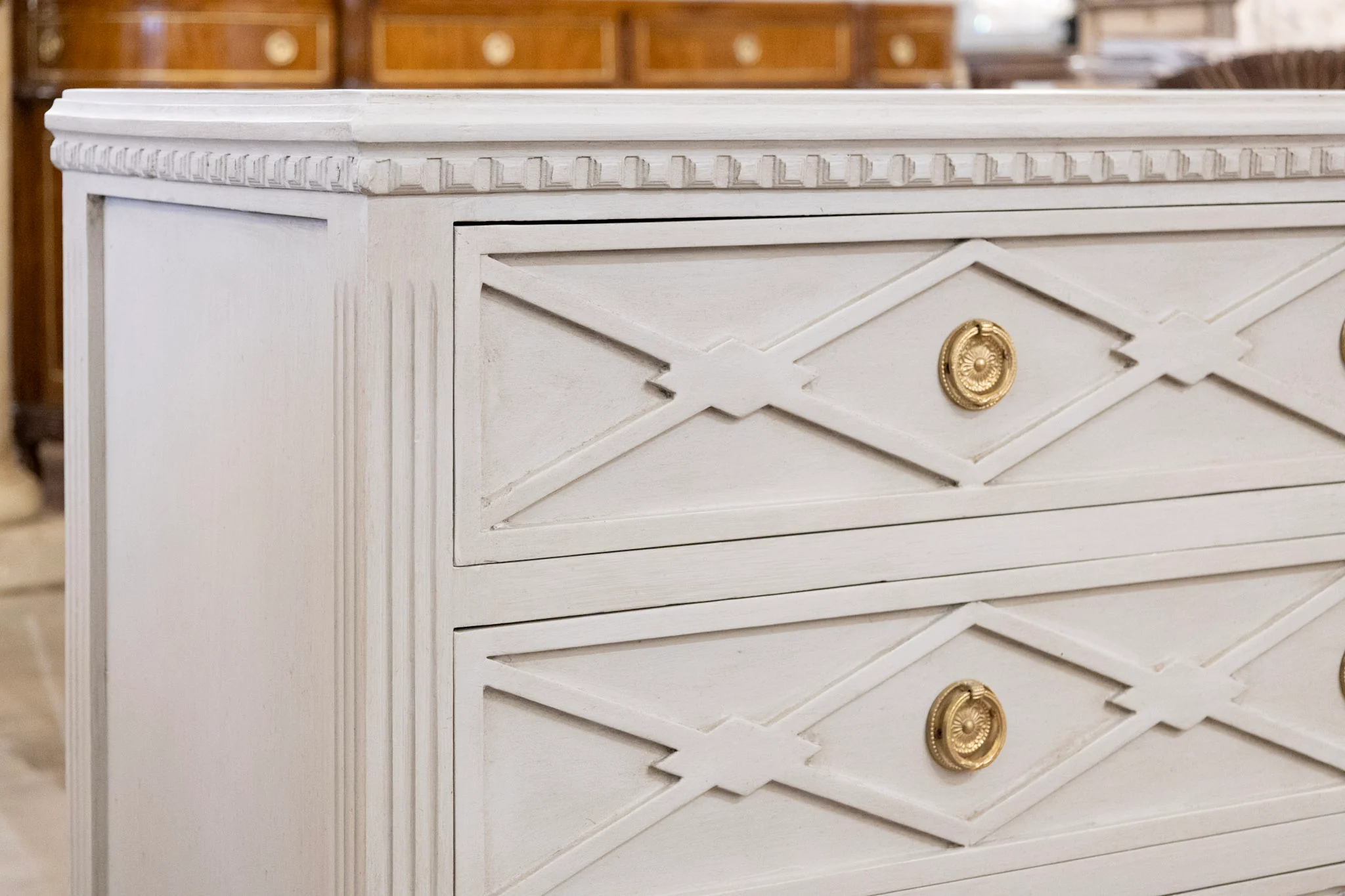 Swedish 3-Drawer Chest – Open Diamond Trim & Tapered Legs in French Grey - Image 7