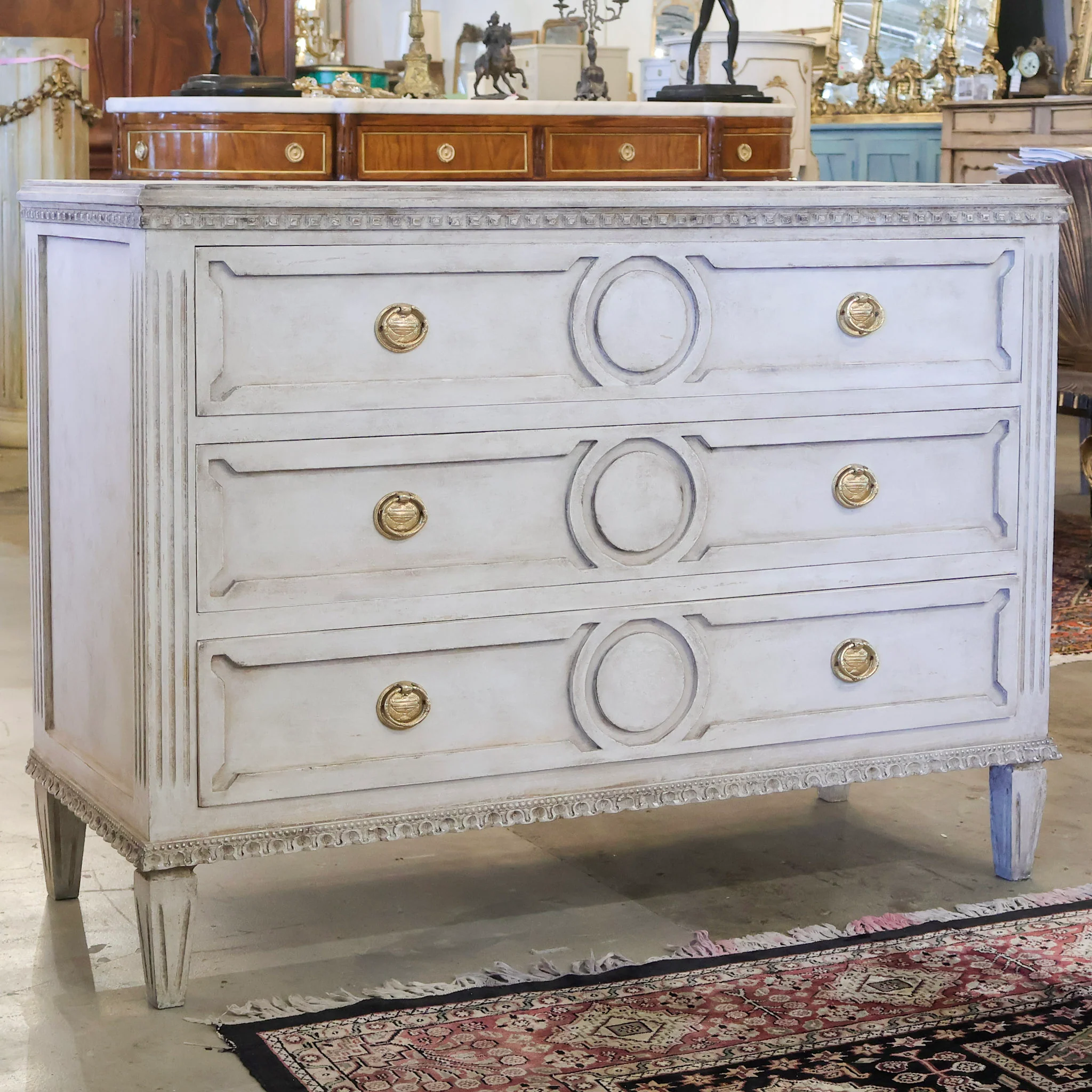 Swedish 3-Drawer Chest – Open Trim Circular Detail & Large Brass Pulls in Textured Grey