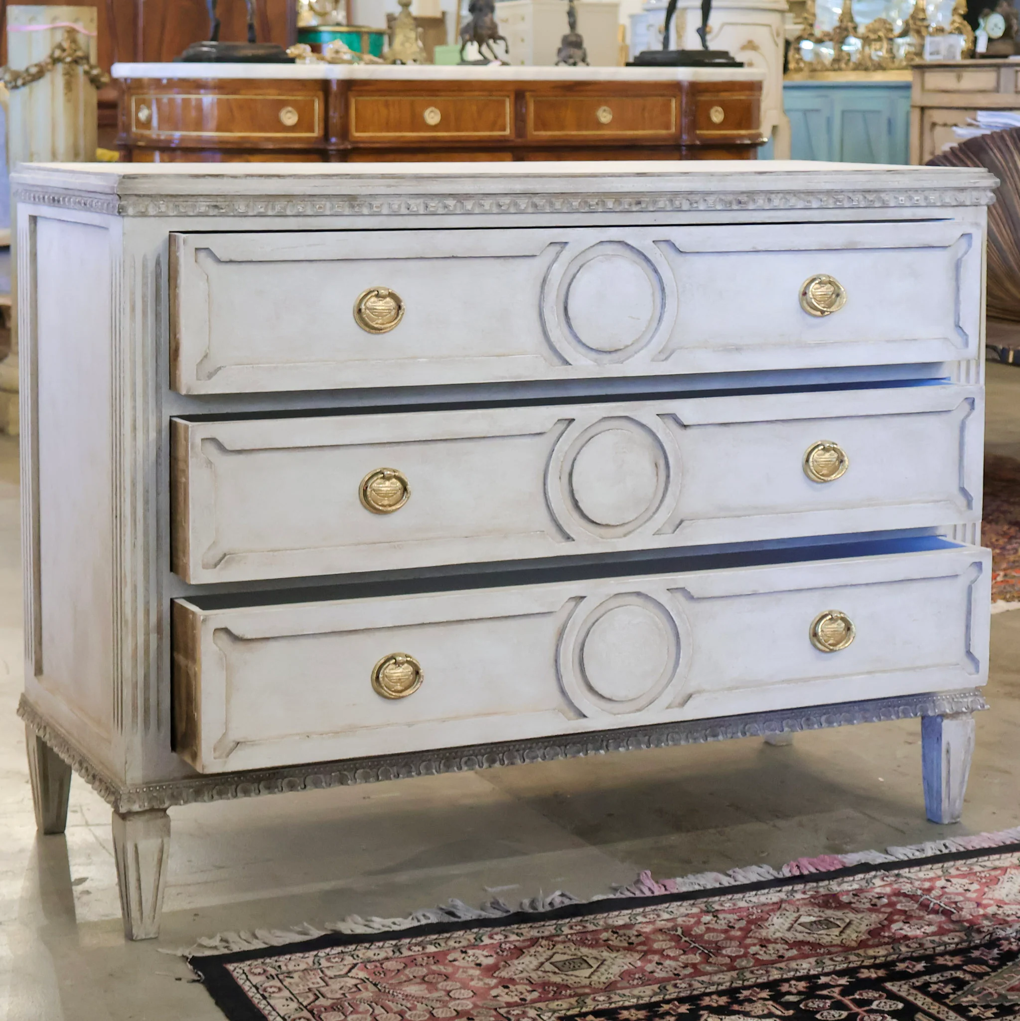 Swedish 3-Drawer Chest – Open Trim Circular Detail & Large Brass Pulls in Textured Grey - Image 2