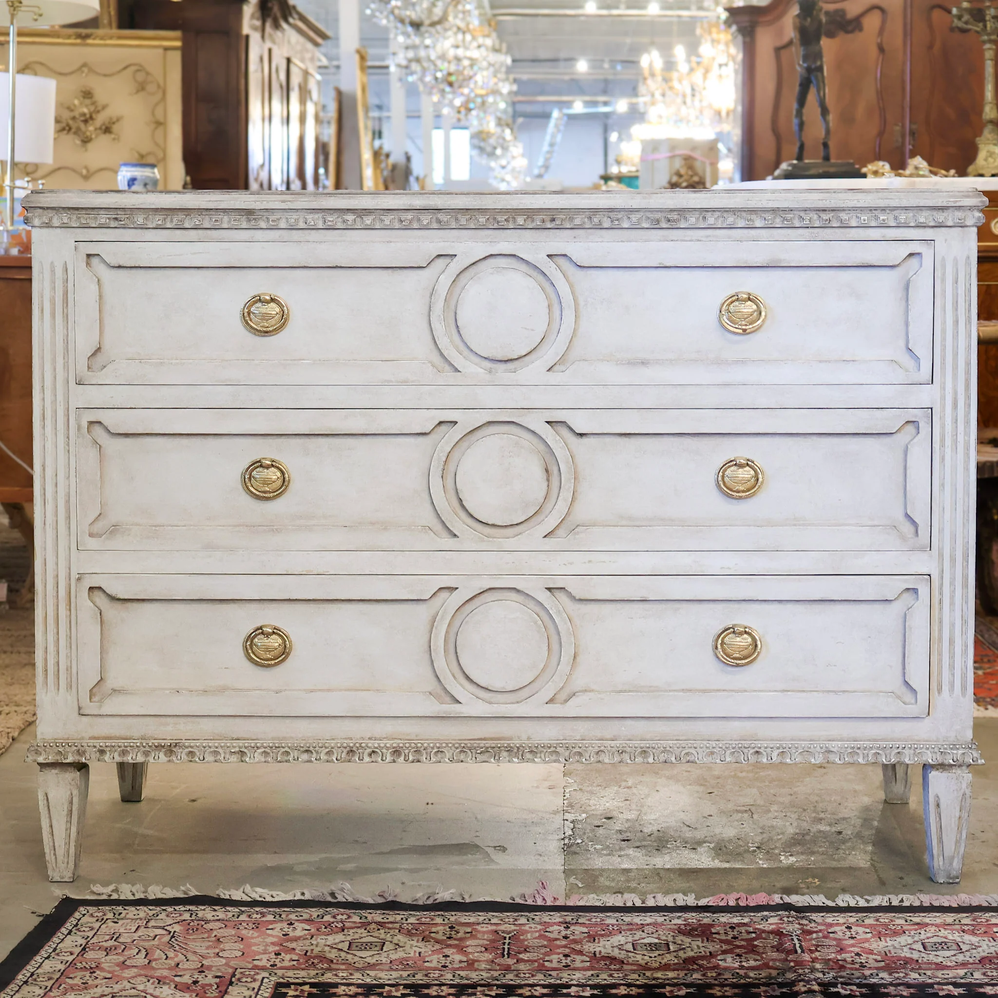 Swedish 3-Drawer Chest – Open Trim Circular Detail & Large Brass Pulls in Textured Grey - Image 3