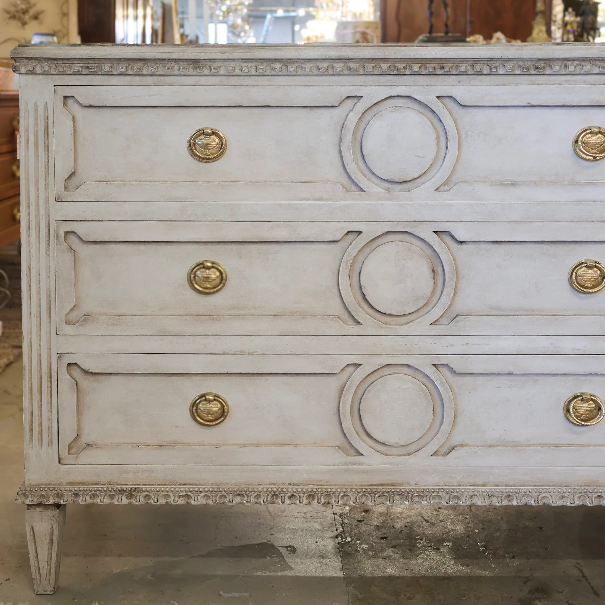 Swedish 3-Drawer Chest – Open Trim Circular Detail & Large Brass Pulls in Textured Grey - Image 4
