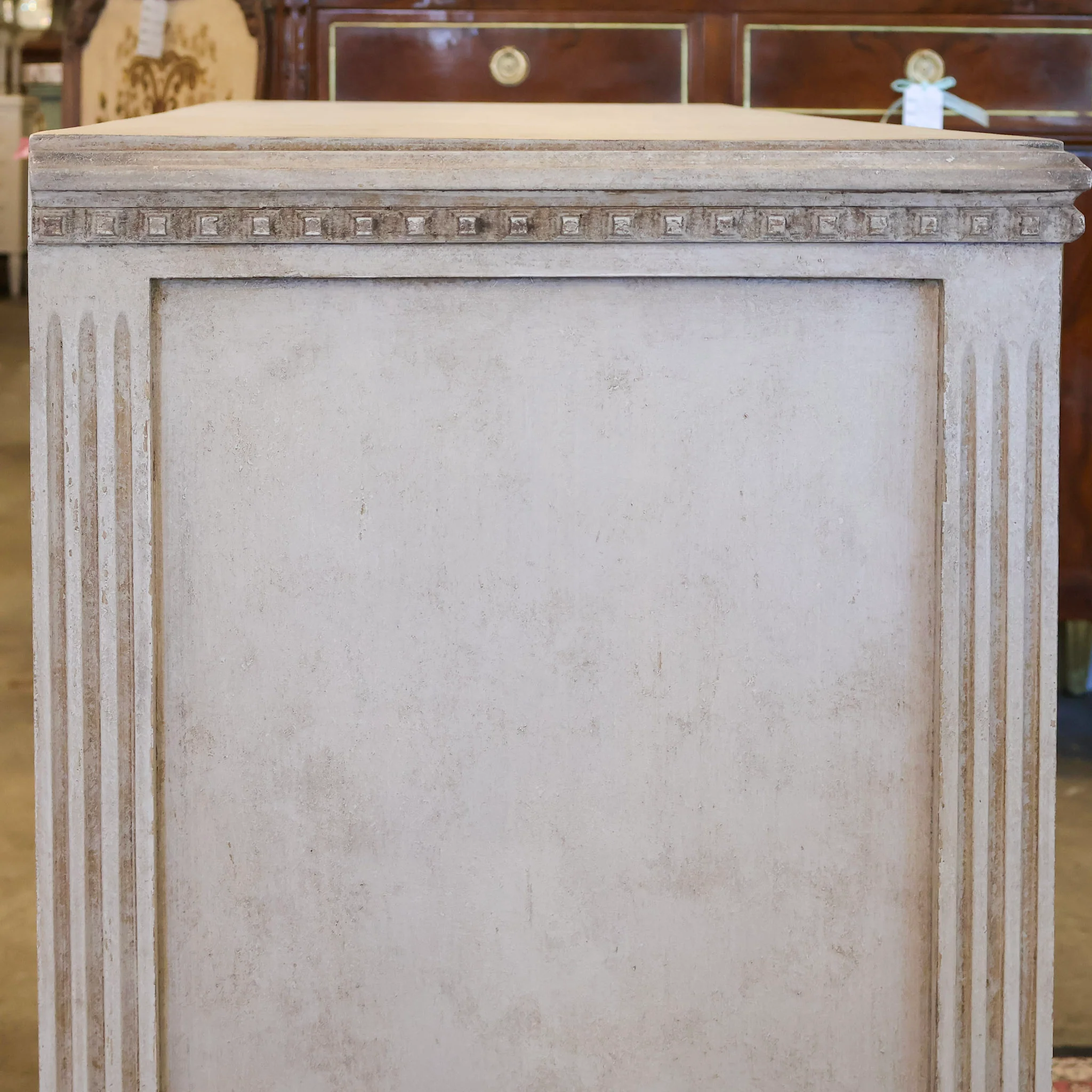 Swedish 3-Drawer Chest – Open Trim Circular Detail & Large Brass Pulls in Textured Grey - Image 5