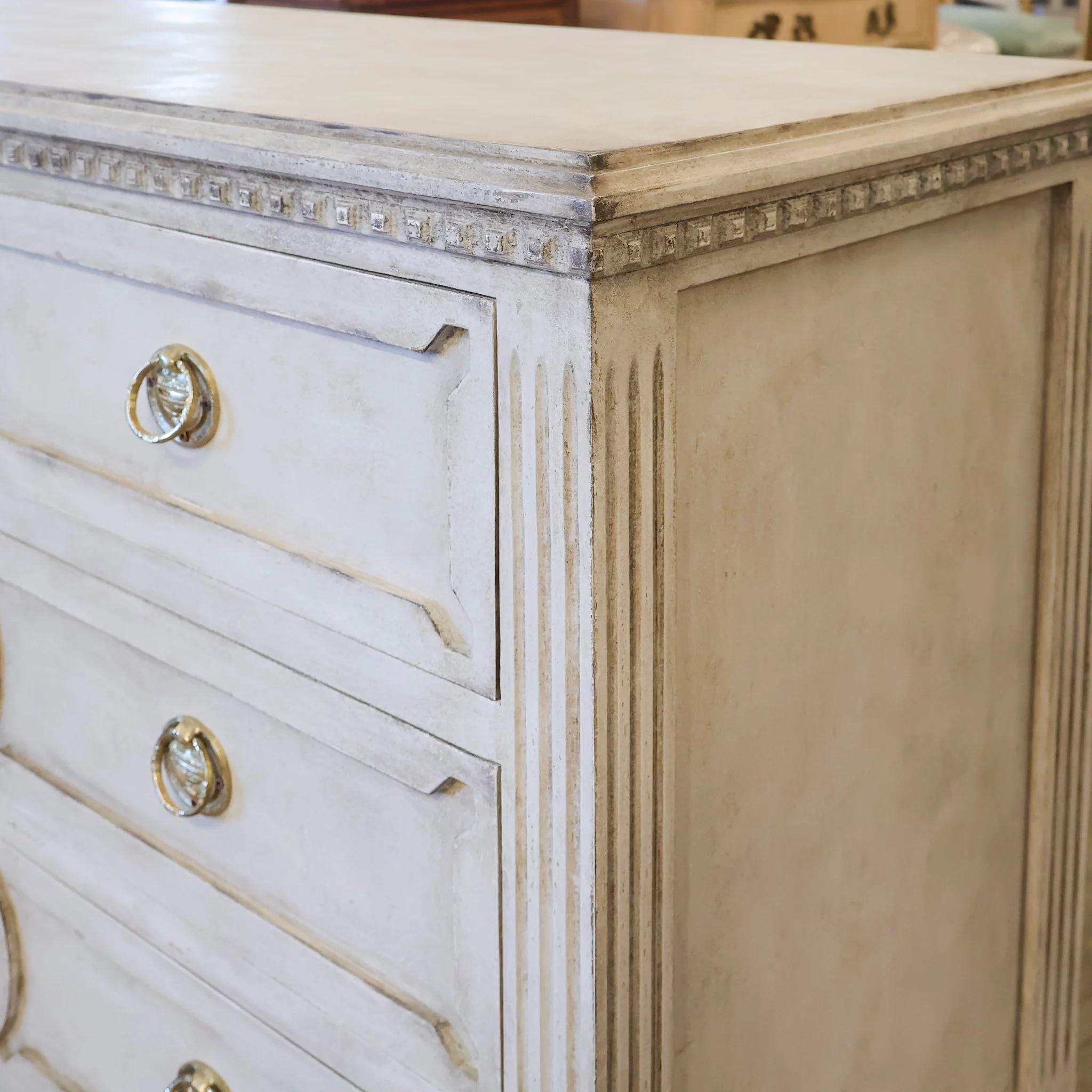 Swedish 3-Drawer Chest – Open Trim Circular Detail & Large Brass Pulls in Textured Grey - Image 6
