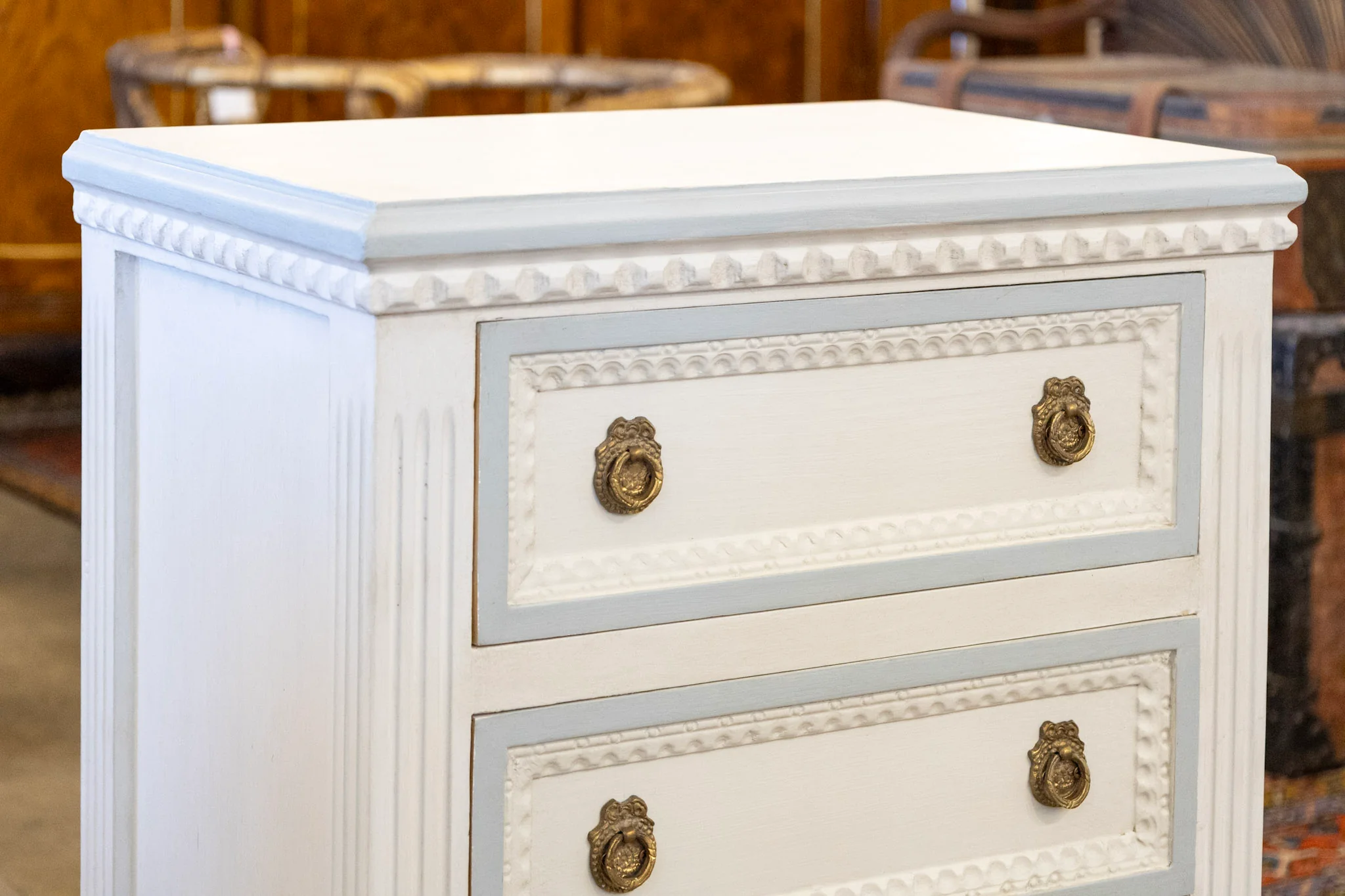 Swedish 3-Drawer Nightstand – Blue Beaded Trim & Ballerina Legs - Image 5
