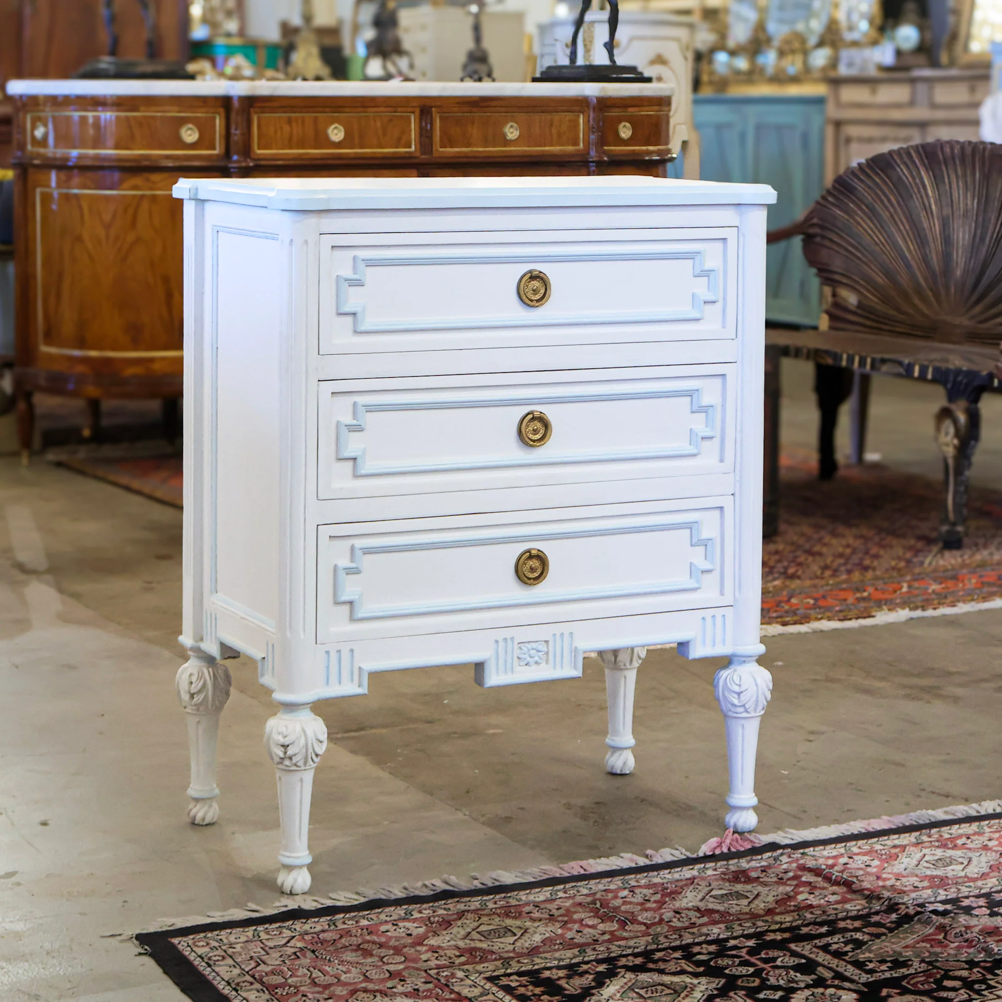 Swedish 3-Drawer Nightstand – Blue Flower Detailing & Ballerina Legs - Image 2